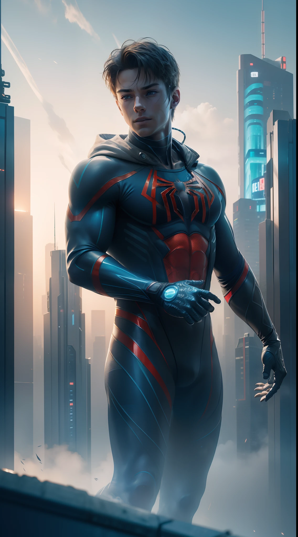 (1boy:1.3), solo, ((very detailed face)))), ((very detailed eyes and face)))), beautiful detailed eyes, body parts__, full body portrait, official art, unified 8k wallpaper, super detailed, beautiful and beautiful, beautiful, masterpiece, best quality, original, masterpiece, super fine photo, best quality, super high resolution, realistic realism, sunlight, full body portrait, amazing handsome, dynamic pose, delicate face, vibrant eyes, (from the front), wearing Spider-Man suit, red and black color scheme, spider, very detailed city roof background, rooftop, overlooking the city, detailed face, detailed complex busy background, messy, gorgeous, milky white, highly detailed skin, realistic skin details, visible pores, clear focus, volumetric fog, 8k uhd, DSLR, high quality, film grain, fair skin, photo realism, lomography, futuristic dystopian megalopolis, translucent, (Cyberpunk: 1.1), (Mechanical Joints: 1.2),