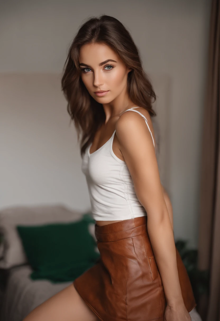 arafed woman with a white tank top and a necklace, sexy girl with green eyes, portrait sophie mudd, brown hair and large eyes, selfie of a young woman, bedroom eyes, violet myers, without makeup, natural makeup, looking directly at the camera, face with artgram, subtle makeup, stunning full body shot, piercing green eyes, beautiful angle, attractive pose, cute girl, sexy pose, full body picture, full body, full body shoot, brunette goddess, high detail, satisfied pose, leather skirt, skirt