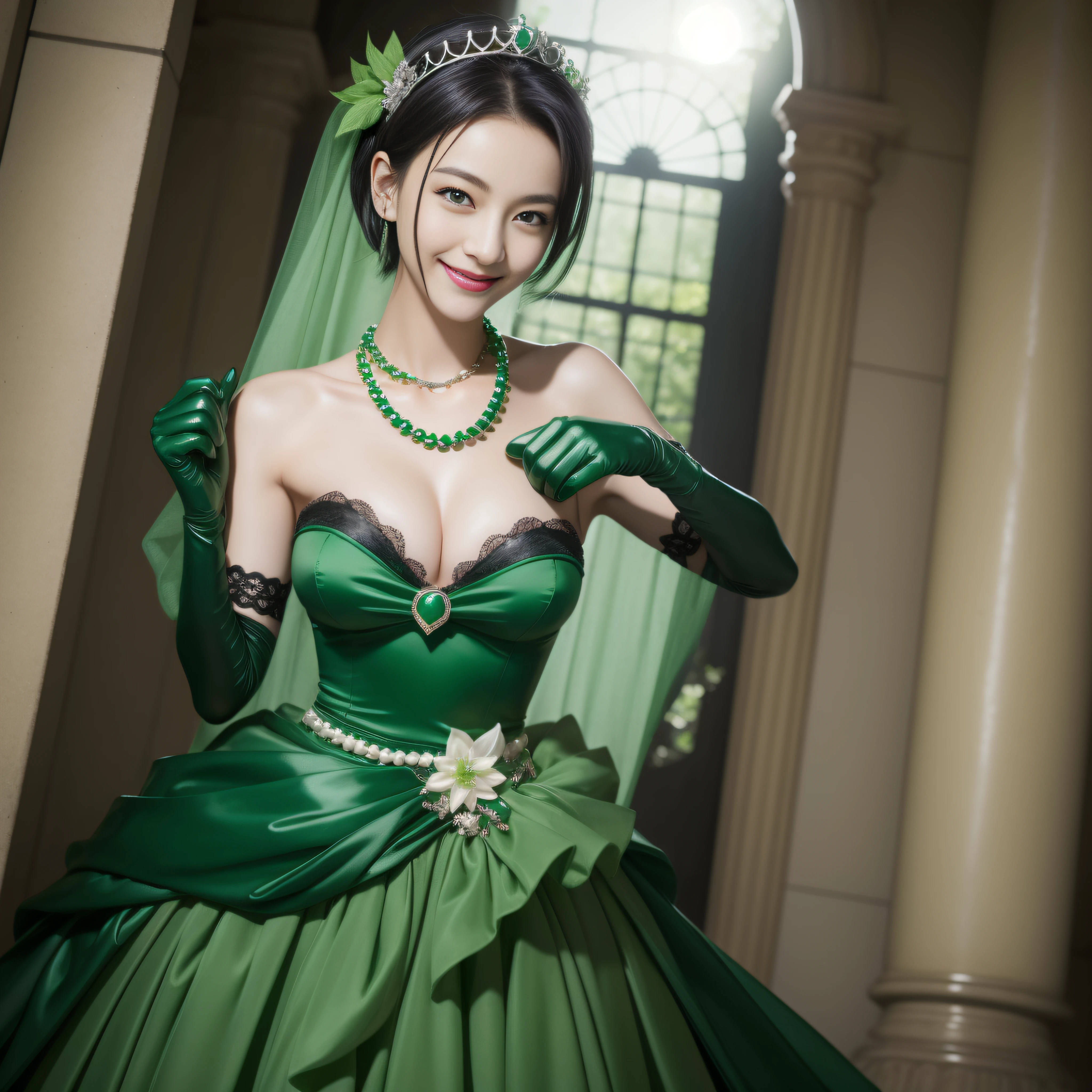 Boyish very short black hair, lipsticks, Japan woman smiling, Green Long Grove,　Emerald Tia boyish very short black hair, lipsticks, Japan woman smiling, Satin green long gloves,　emerald tiara, Pearl Necklace, verd s eyes, Green eyes, Long green gloves made of satin material, big breasts beautiful