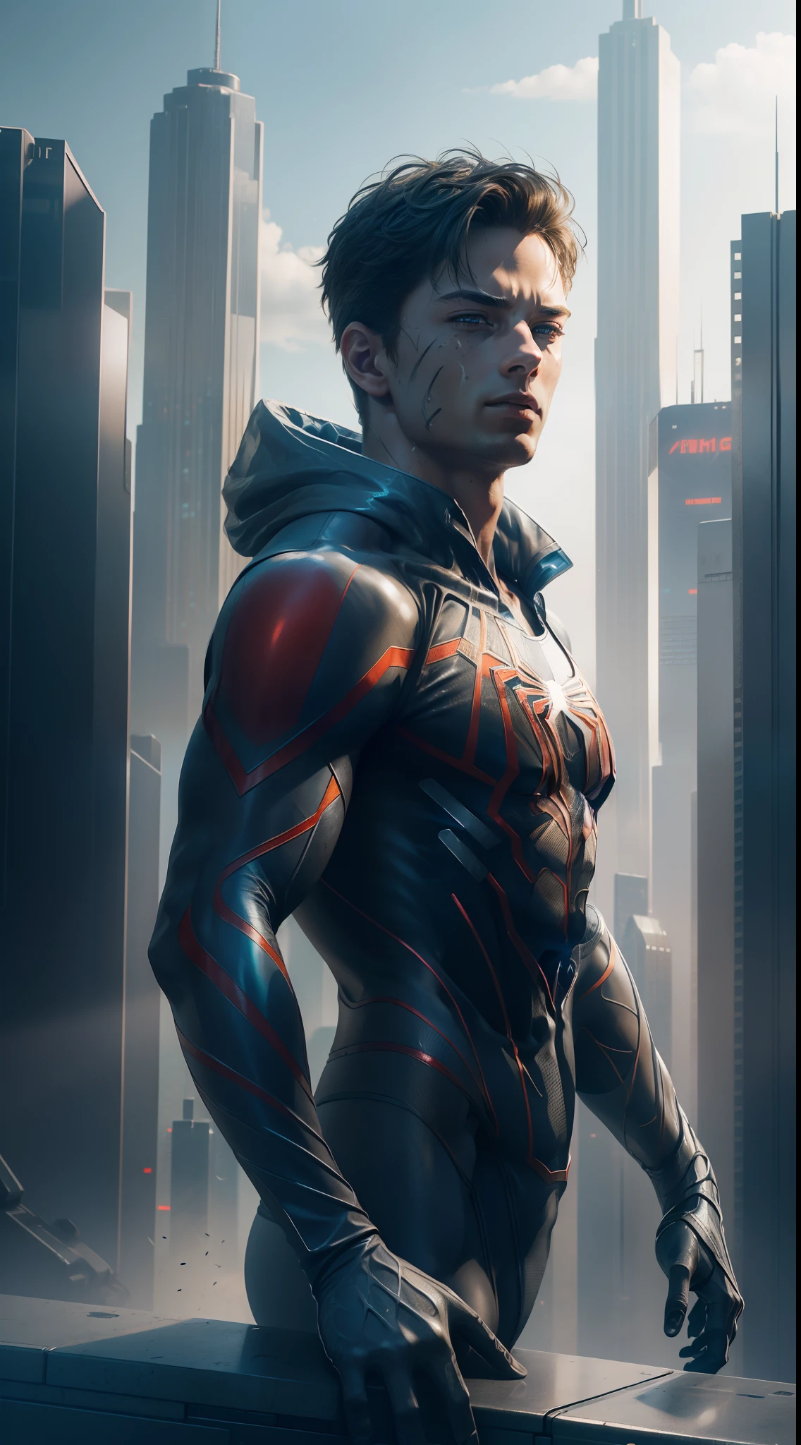 (1boy:1.3), solo, ((very detailed face)))), ((very detailed eyes and face)))), beautiful detailed eyes, body parts__, full body portrait, official art, unified 8k wallpaper, super detailed, beautiful and beautiful, beautiful, masterpiece, best quality, original, masterpiece, super fine photo, best quality, super high resolution, realistic realism, sunlight, full body portrait, amazing handsome, dynamic pose, delicate face, vibrant eyes, (from the front), wearing Spider-Man suit, red and black color scheme, spider, very detailed city roof background, rooftop, overlooking the city, detailed face, detailed complex busy background, messy, gorgeous, milky white, highly detailed skin, realistic skin details, visible pores, clear focus, volumetric fog, 8k uhd, DSLR, high quality, film grain, fair skin, photo realism, lomography, futuristic dystopian megalopolis, translucent, (Cyberpunk: 1.1), (Mechanical Joints: 1.2),