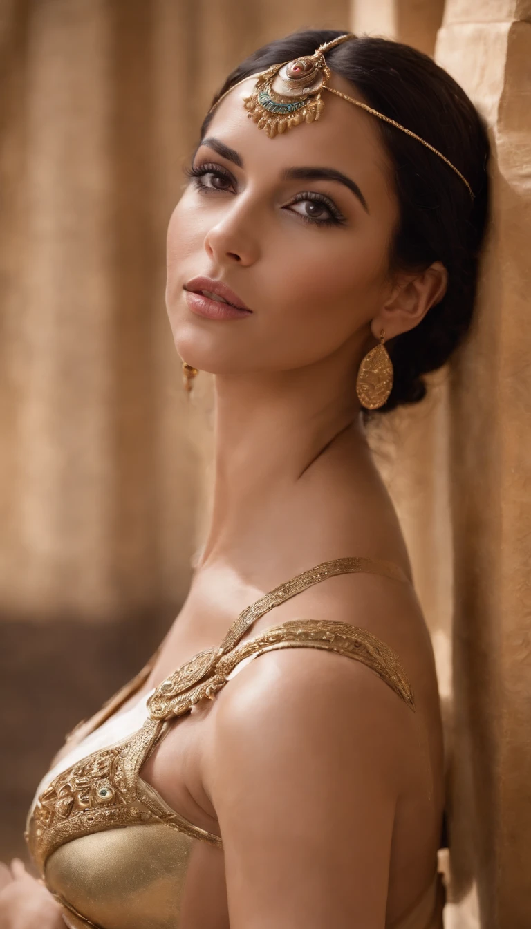 Sexy Cleopatra with legs up , and sweaty body , her breasts are huge and in great shape , big lips , tanned , beautiful , naked , oiled around breasts and vag