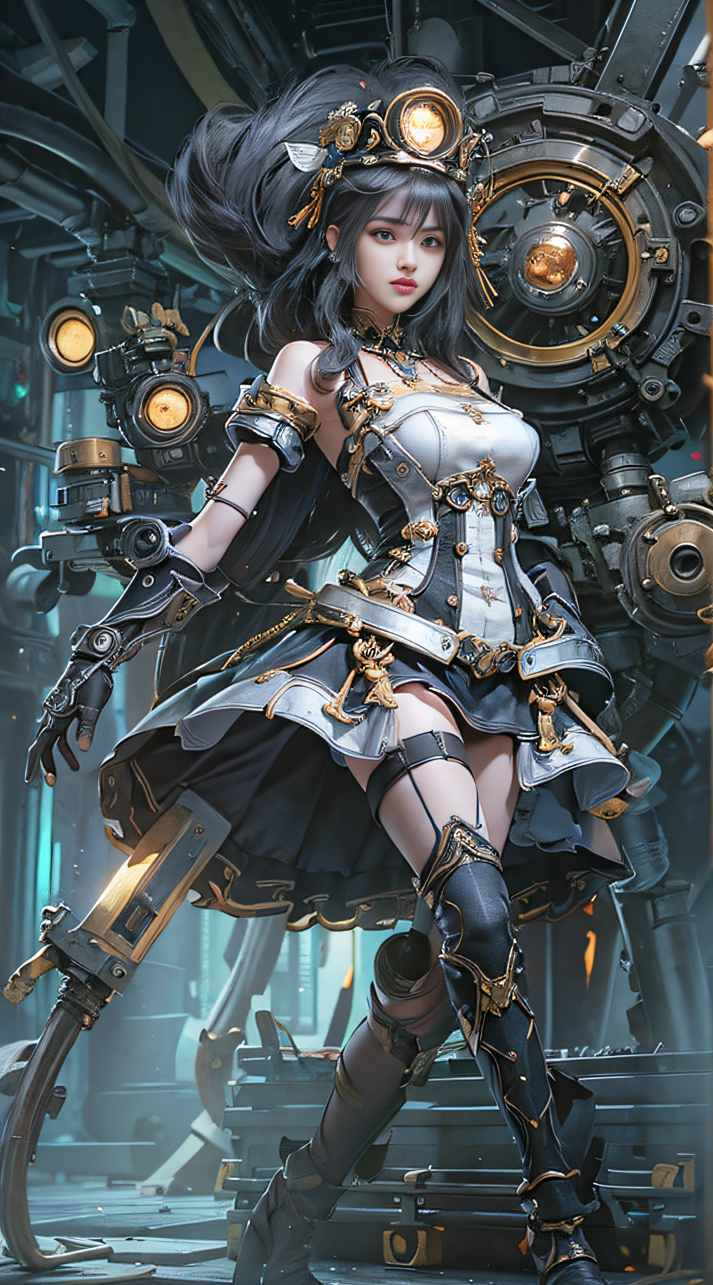 (((masterpiece, top quality, ultra detailed))), (((ultra photo-realistic 3D))), (((dramatic leap in overall accuracy, producing ultra detailed and realistic images))), complex machine j gimmick female android, Dynamic combat action poses, A fusion of very complex mechanical steampunk fashion and overly decorated Gothic Lolita fashion, Off the shoulders, Fluttering flare mini skirt, Complex mechanical temple steampunk headgear, Very large eyes, very long eyelashes, Black hair blown in the wind, very long thin arms, Complex mechanical gloves, very long thin legs, Complex mechanical over-the-knee stockings, Mandala, Lots of neon gras are crossed and scattered, Have a huge weapon with very complex mechanical devices, A highly complex machine shop surrounded by flames, Very dark night background, Very dramatic and cinematic lighting, (High dynamic range), Ray tracing, NVIDIA RTX, Super Resolution, Unreal 5, Subsurface scattering, PBR Texturing, Post-processing, Anisotropy Filtering, depth of fields, Maximum clarity and sharpness, Multilayer textures, Albedo and specular maps, Surface Shading, Precise simulated light material interactions, Perfect proportions, Octane Rendering, Two-tone lighting, Wide aperture, Low ISO, White Balance, thirds rule, 16K RAW,