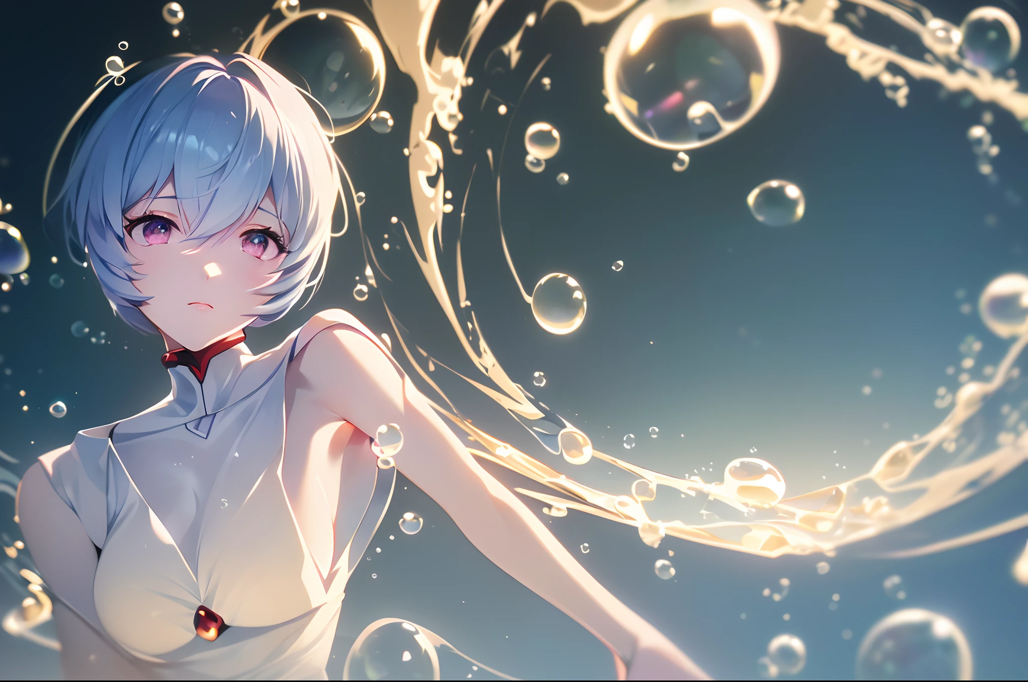 (((ayanami rei))),((((BREAK,Design an image with a fisheye lens effect, capturing a wide field of view with a distinctive, curved perspective.BREAK,)))1girl,solo,(masterpiece,best quality, official art,aim to viewers, beautiful and aesthetic:1.3),((ultra high res,golden ratio,)) (4k),((from above,at night,under the water)),((((bubbles,))))dynamic lighting, cinematic lighting,(fantasy,dreamy,photon mapping, radiosity, physically-based rendering,automatic white balance), technological sense,Amazing,sharp focus,rich background, (((high detailed skin,)))dynamic lighting,intricate detailed outfit,glowing eyes,watery eyes,((short hair,))deadpan,skiny,slender,white plugsuit,headgear,(masterpiece sidelighting),(bishoujo,lustrous),(sky blue hair,pink eyes,）[[delicate fingers and hands:0.55]::0.85],(detail fingers),(((Ultra Photographic Quality,ultra wide angles)))),((incredibly absurdres)),half body shot,((extremely_detailed_eyes_and_face)),(disheveled hair),FilmGirl,(dynamic configuration: 1.2),Brilliant,drifting Nebula,ethereal, glossy ,striking contrast,