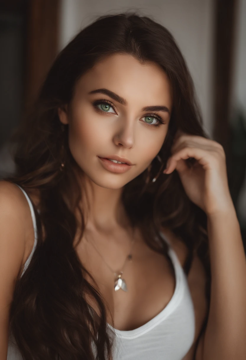 arafed woman with a white tank top and a necklace, sexy girl with green eyes, portrait sophie mudd, brown hair and large eyes, selfie of a young woman, bedroom eyes, violet myers, without makeup, natural makeup, looking directly at the camera, face with artgram, subtle makeup, stunning full body shot, piercing green eyes, beautiful angle, attractive pose, cute girl, sexy pose, full body picture, full body, full body shoot, brunette goddess, high detail, satisfied pose, white top, black panties