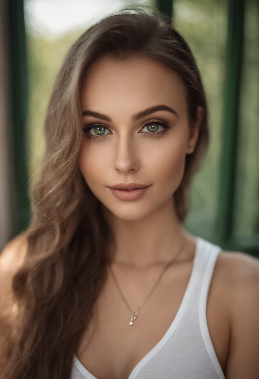 arafed woman with a white tank top and a necklace, sexy girl with green eyes, portrait sophie mudd, brown hair and large eyes, selfie of a young woman, bedroom eyes, violet myers, without makeup, natural makeup, looking directly at the camera, face with artgram, subtle makeup, stunning full body shot, piercing green eyes, beautiful angle, attractive pose, cute girl, sexy pose, full body picture, full body, full body shoot, brunette goddess, high detail, satisfied pose, white top, black panties