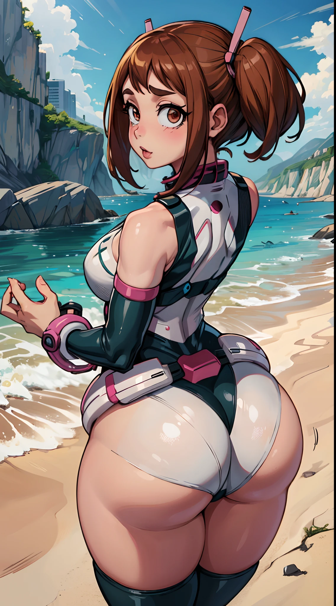 (best quality:1.3), uraraka ochako, peituda, clivagem, sedutora, rosto sereno, sexy, body curvy, bunda grande, peitos grandes, ((Pov: ass))