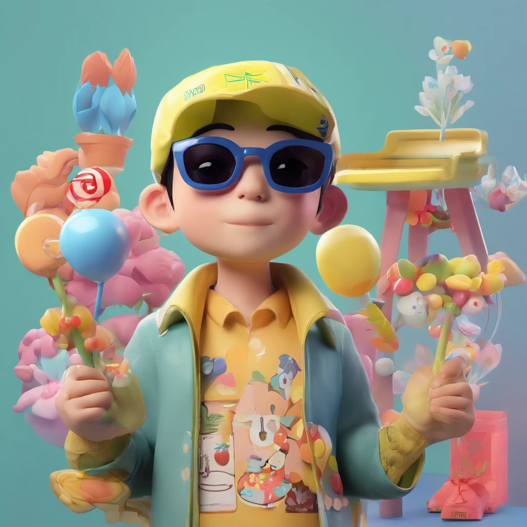 Super cute boy IP pop mart, Clear eyes, Cool black hairstyle,With sunglasses on his head,With a lollipop in his mouth, Clay,Clay style, Models, a blind box toy, Glossy and delicate,Clean background, Good gloss, 3D rendering of,Best quality