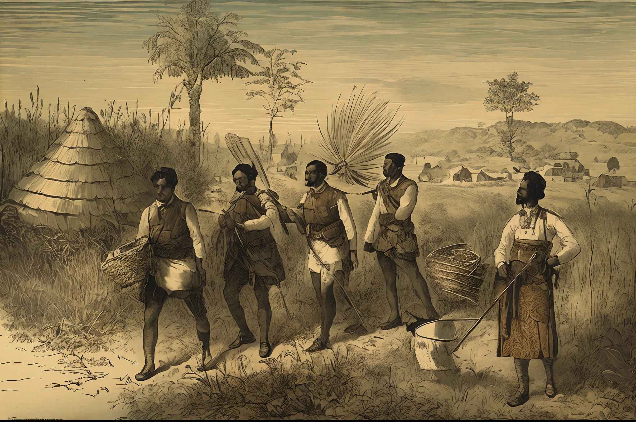 Arafed men in a field with a bucket of water, Membros da tribo perseguindo, membros da tribo atacando, an illustration of, Directed by: Samuel Washington Weis, colonization, Directed by: Julius Exner, Directed by: Edouard Detaille, illustration", 19th century wood-engraving, Directed by: Friedrich Gauermann, a mid-nineteenth century engraving