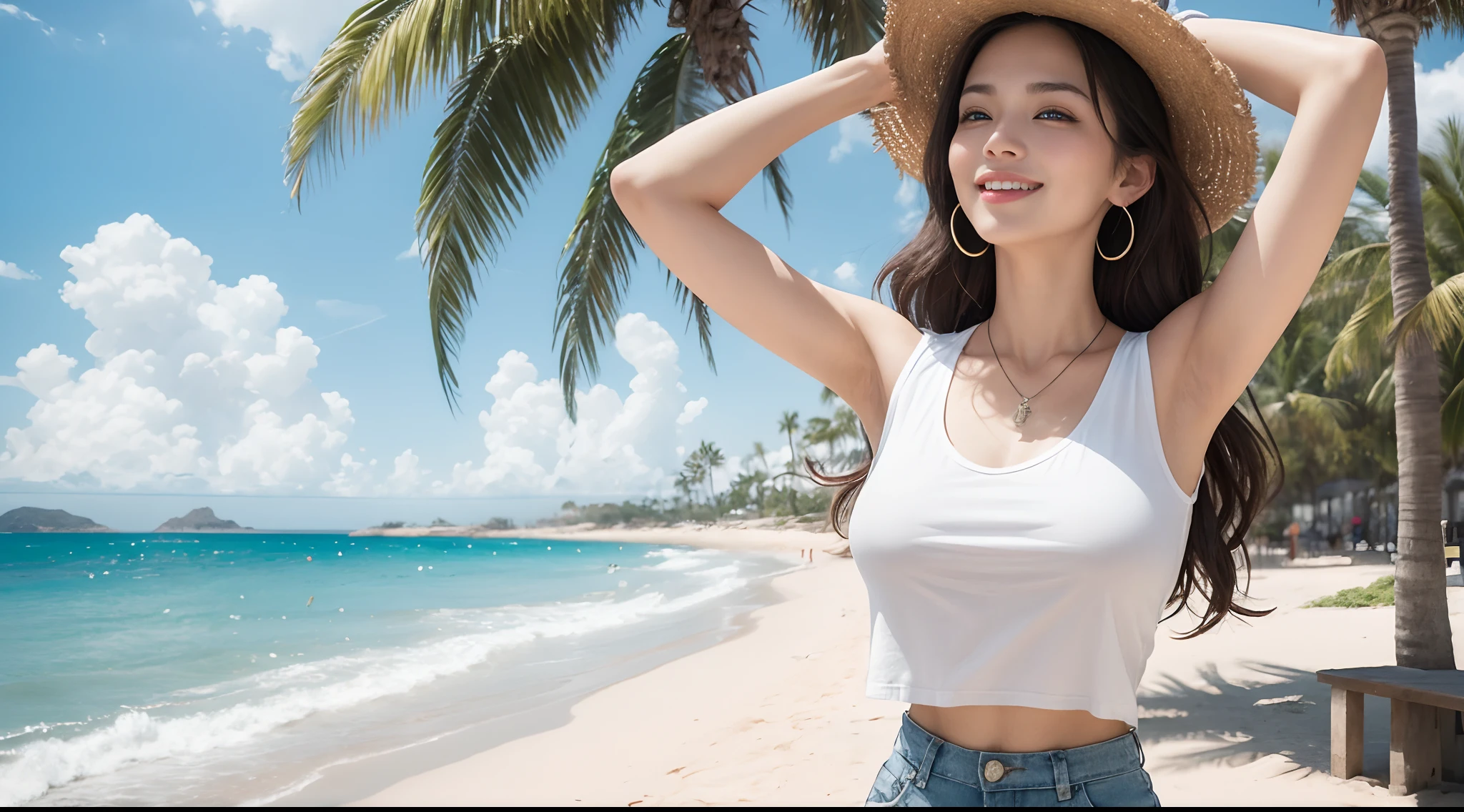 8K, Masterpiece, Raw foto, Best Quality, Photorealistic, Extremely detailed CG unity 8k wallpaper, Depth of field, Cinematic light, lens flares, Ray traching, (extremely beautiful face, beautiful lips, beautidful eyes), Intricate detail face, ((ultra detail skin)) 1girll, Pretty Korean Girl, kpop-idol, 1 Girl, (Very slender and slender muscular body:1.3), ((looking up at viewer)),(big grin:1.3), (sleeveless) , beautiful earrings, wristband, necklaces, Clear eyes, (pale-skin), (Big Eyes), Facing Forward, ((upper body shot)), (ligh brown hair),(looking up at viewer:1.3) open chest, Very slim, Medium Tits, Revert, Backshot, , Sunny weather, Medium Tits, seaside, waves, palm tree, White t-shirt and ripped shorts, Sunny weather, Medium Tits, seaside, waves, palm tree, White t-shirt and ripped shorts, Sunny weather, Medium Tits, seaside, waves, palm tree, White t-shirt and ripped shorts, Sunny weather, Medium Tits, seaside, waves, palm tree, White t-shirt and ripped shorts, Sunny weather, Medium Tits, seaside, waves, palm tree, White t-shirt and ripped shorts, Sunny weather, Medium Tits, seaside, waves, palm tree, White t-shirt and ripped shorts, Sunny weather, Medium Tits, seaside, waves, palm tree, White t-shirt and ripped shorts, Sunny weather, Medium Tits, seaside, waves, palm tree, White t-shirt and ripped shorts
