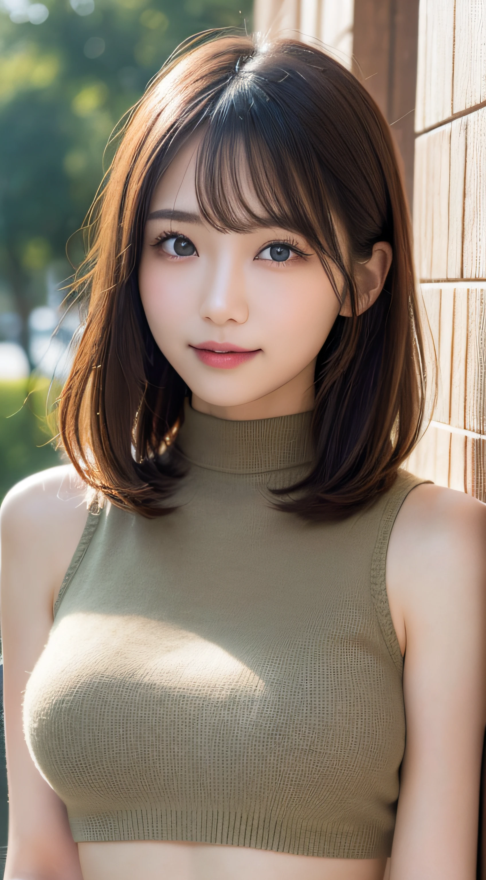 masutepiece, Best Quality, Photorealsitic, finely detail, hight resolution, 8K Wallpapers, Perfect dynamic composition, Beautiful detailed eyes, Medium Hair, large full breasts, Random and sexy poses,Bring your chest together、(Open chest mock neck crop tank top khaki knitwear with clearly visible cleavage)、(Breast bulge 1.2)、A smile、open open mouth、Resort scenery、23years old、(Drooping eyes 1.4)、Adult beauty、japanes