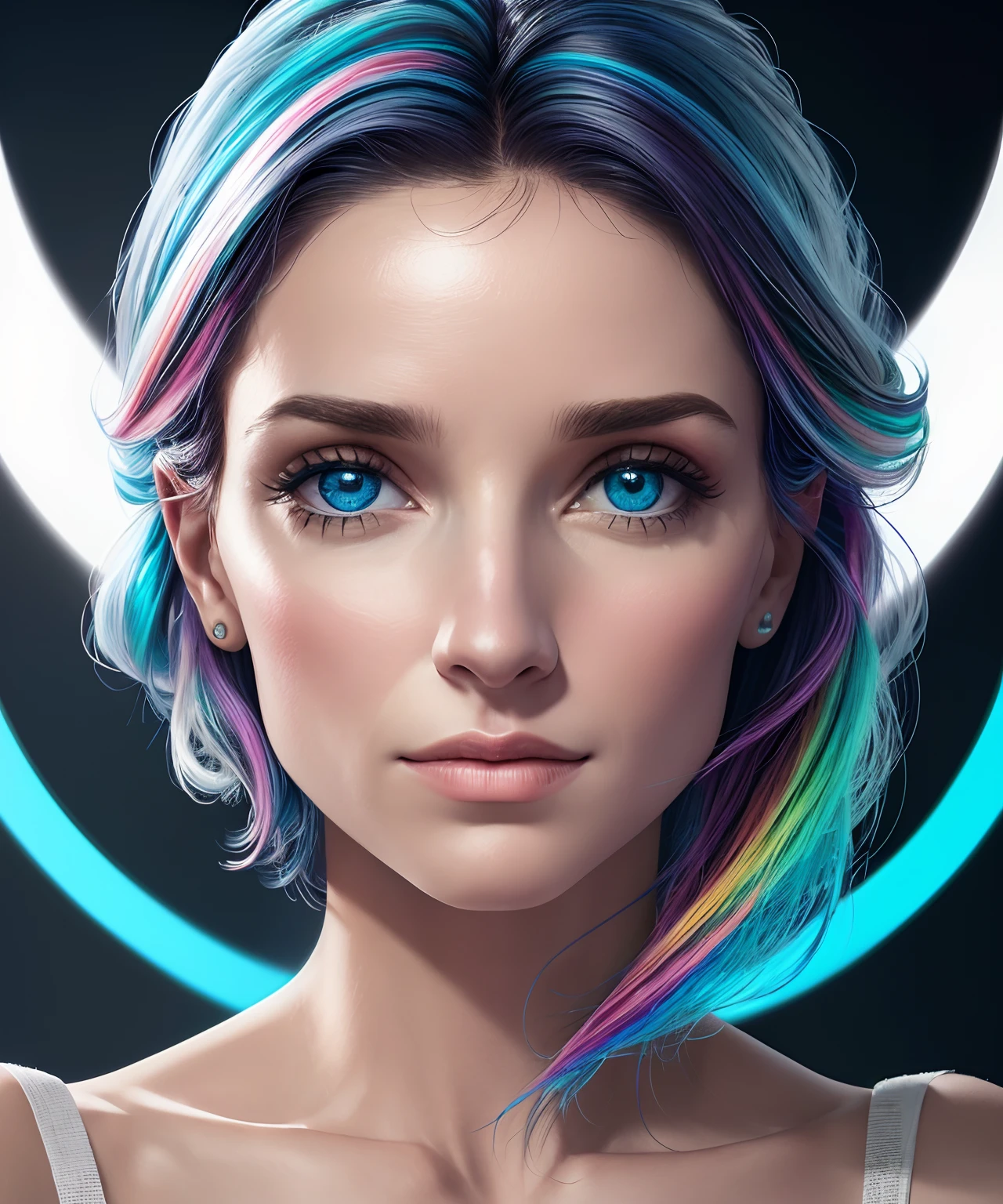 perfil de frente, cabelo branco, roupa leve, volumeric lighting, futurista, olhos multicoloridos, olhos detalhados, hiper detalhados, altamente detalhados, linda, pequenos detalhes, ultra detalhado, melhor qualidade, intrincado, hiper-realismo, clear, digital illustation, detalhado, realismo, intrincado, 4k, 8k, Trends in the Arts Station, boa anatomia, beautiful lighting, premiado, fotorrealista, sombras realistas, realistic lighting, beautiful lighting, raytracing, detalhes intrincados, mal-humorado, thirds rule, obra-prima, (illustration: 1.1), alta resolução, (CG extremamente detalhado, unidade, papel de parede 8k: 1.1), rosto bonito, rosto altamente detalhado, ultra realista, obra-prima , bokeh, extremamente detalhado, intrincado, zoomout, colorido, cores vibrantes,