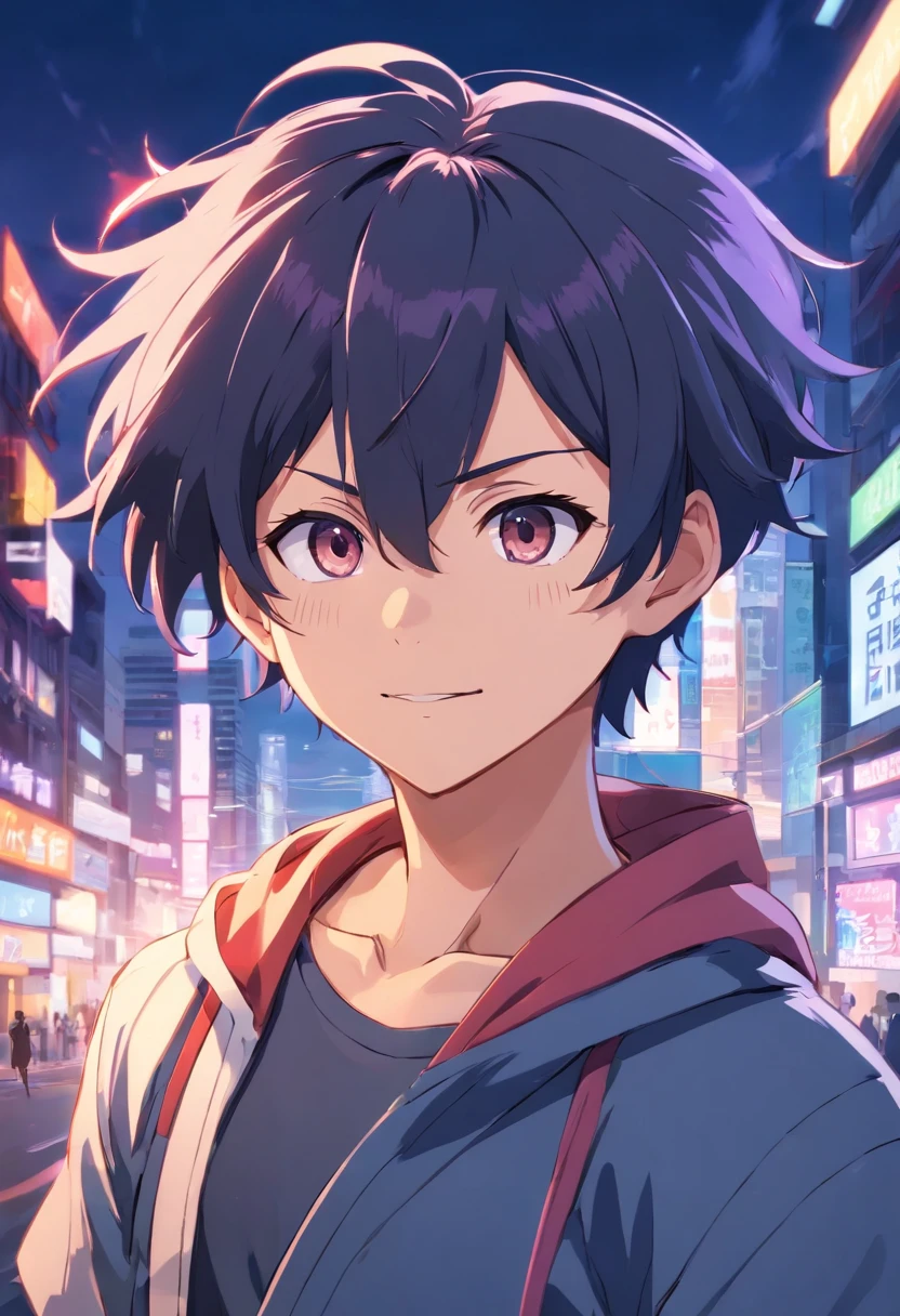 kokichi muta, anime, jujutsu kaisen, solo, in air, detailed background, 1boy, upper body, male focus, weapon , anime coloring, black hair, grey eyes, sword, smile, hair between eyes, looking at viewer, best quality, detailed,scar in left cheeks,tied hair knot on top head with white headband
