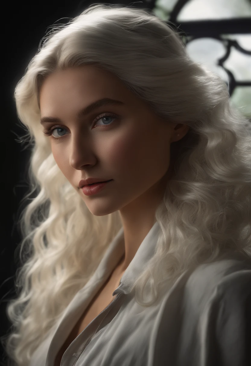 (front focus),(in the dark:1.6), Hyperrealist portrait of female by david hockney and alphonse mucha,fantasy art, photo realistic, dynamic lighting, artstation, poster, volumetric lighting, very detailed faces, 4 k, award winning,, 1girl, in the dark, deep shadow, low key,cowboy shot,(official clothing:1.4) ,long hair,white hair,
