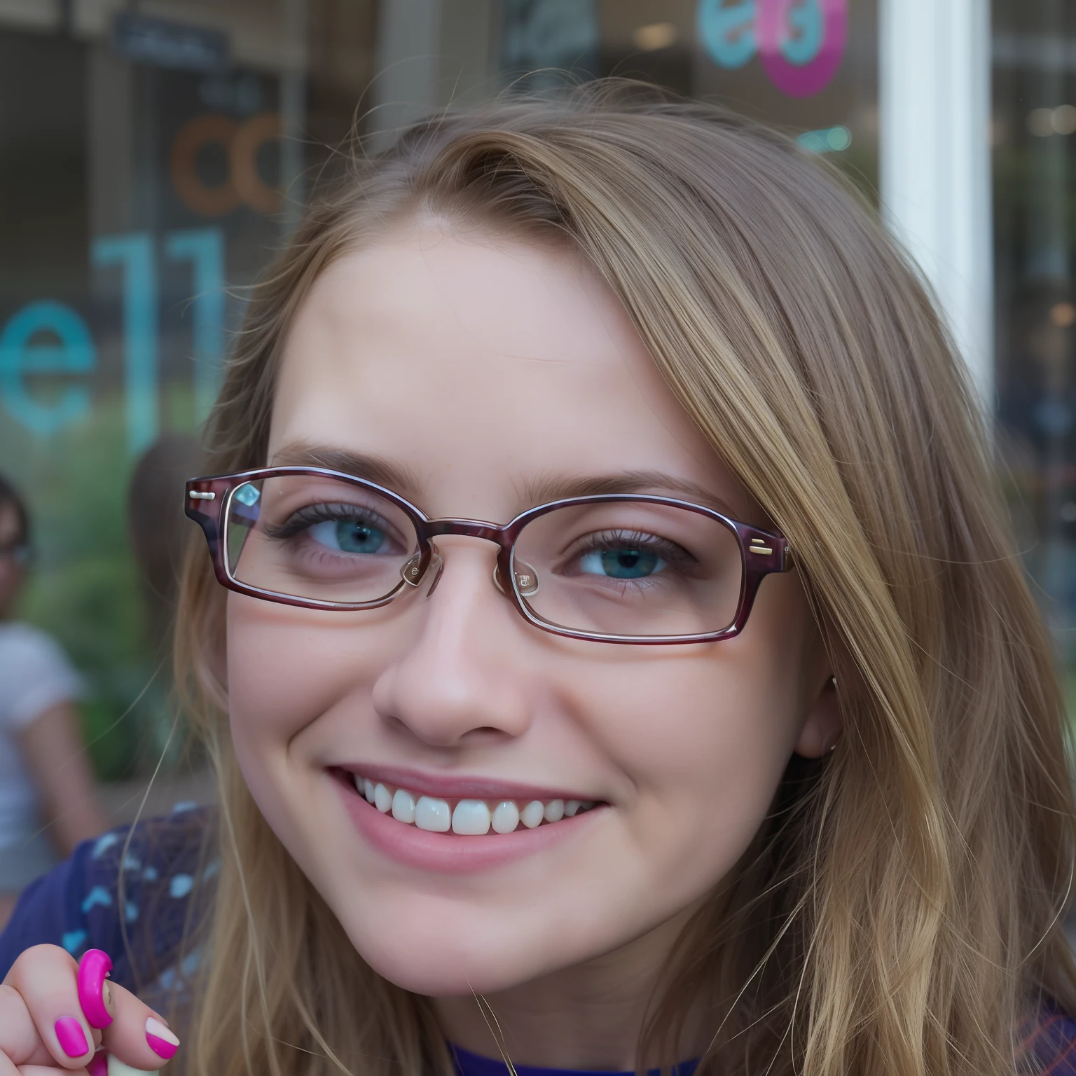 blond woman with glasses eating a donut outside of a store, cute slightly nerdy smile, slight nerdy smile, girl with glasses, kailee mandel, aged 2 5, with glasses on, she wears harry potter glasses, aged 13, emily rajtkowski, slight nerdy awkward smile, girl wearing round glasses, taken in the late 2010s, glasses