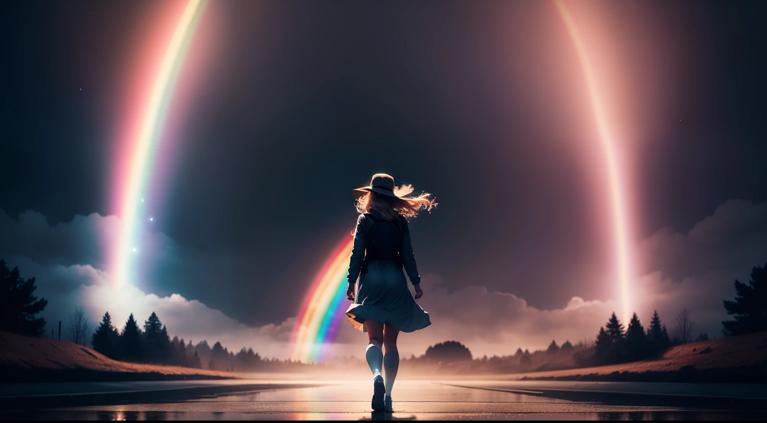 Emily walking towards the rainbow, which starts to shimmer and glow.