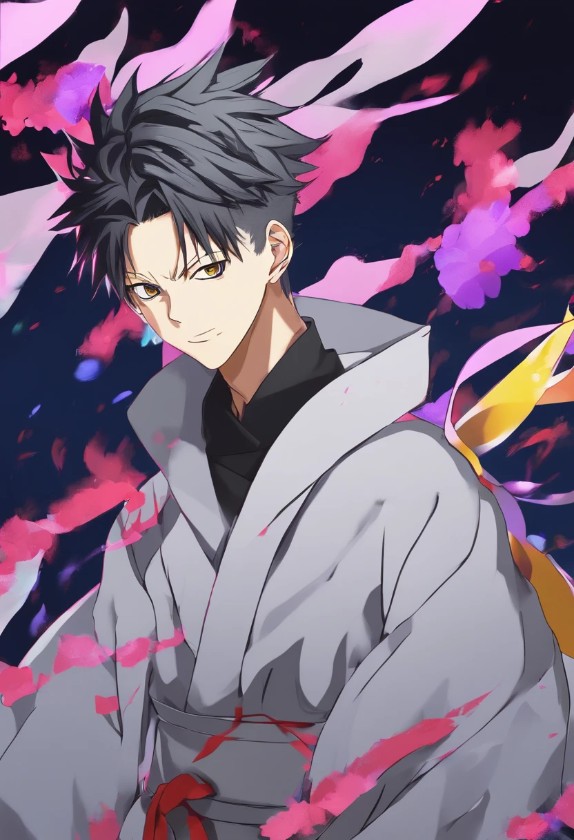 kokichi muta, anime, jujutsu kaisen, solo, in air, detailed background, 1boy, upper body, male focus, weapon , anime coloring, black hair, grey eyes, sword, smile, hair between eyes, looking at viewer, best quality, detailed,scar in left cheeks,tied hair knot on top head with white headband,black uniform ,grey coat (jujutsu kaisen)