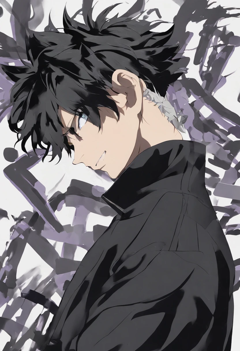 kokichi muta, anime, jujutsu kaisen, solo, in air, detailed background, 1boy, upper body, male focus, weapon , anime coloring, black hair, grey eyes, sword, smile, hair between eyes, looking at viewer, best quality, detailed,scar in left cheeks,tied hair knot on top head with white headband,black uniform ,grey coat (jujutsu kaisen)