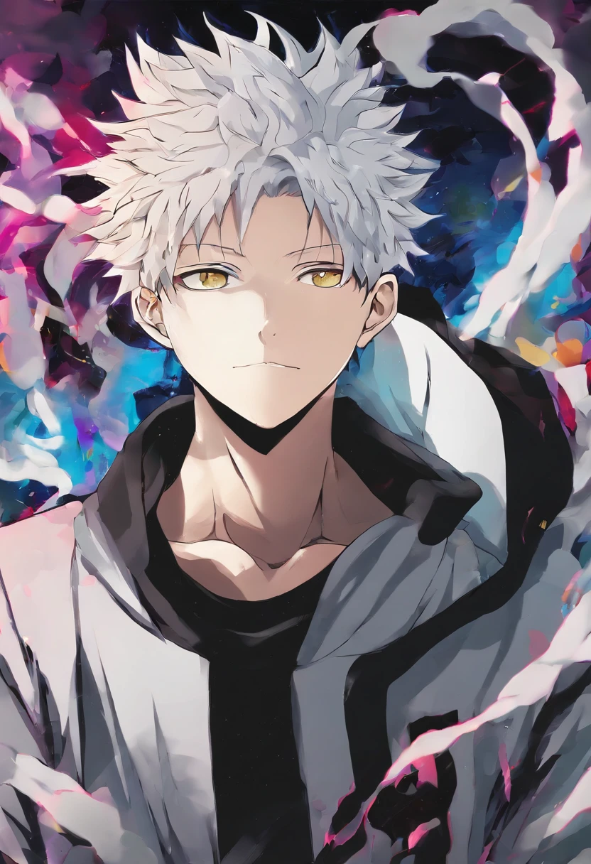 kokichi muta, anime, jujutsu kaisen, solo, in air, detailed background, 1boy, upper body, male focus, weapon , anime coloring, black hair, grey eyes, sword, smile, hair between eyes, looking at viewer, best quality, detailed,scar in left cheeks,tied hair knot on top head with white headband,black uniform ,grey coat (jujutsu kaisen)