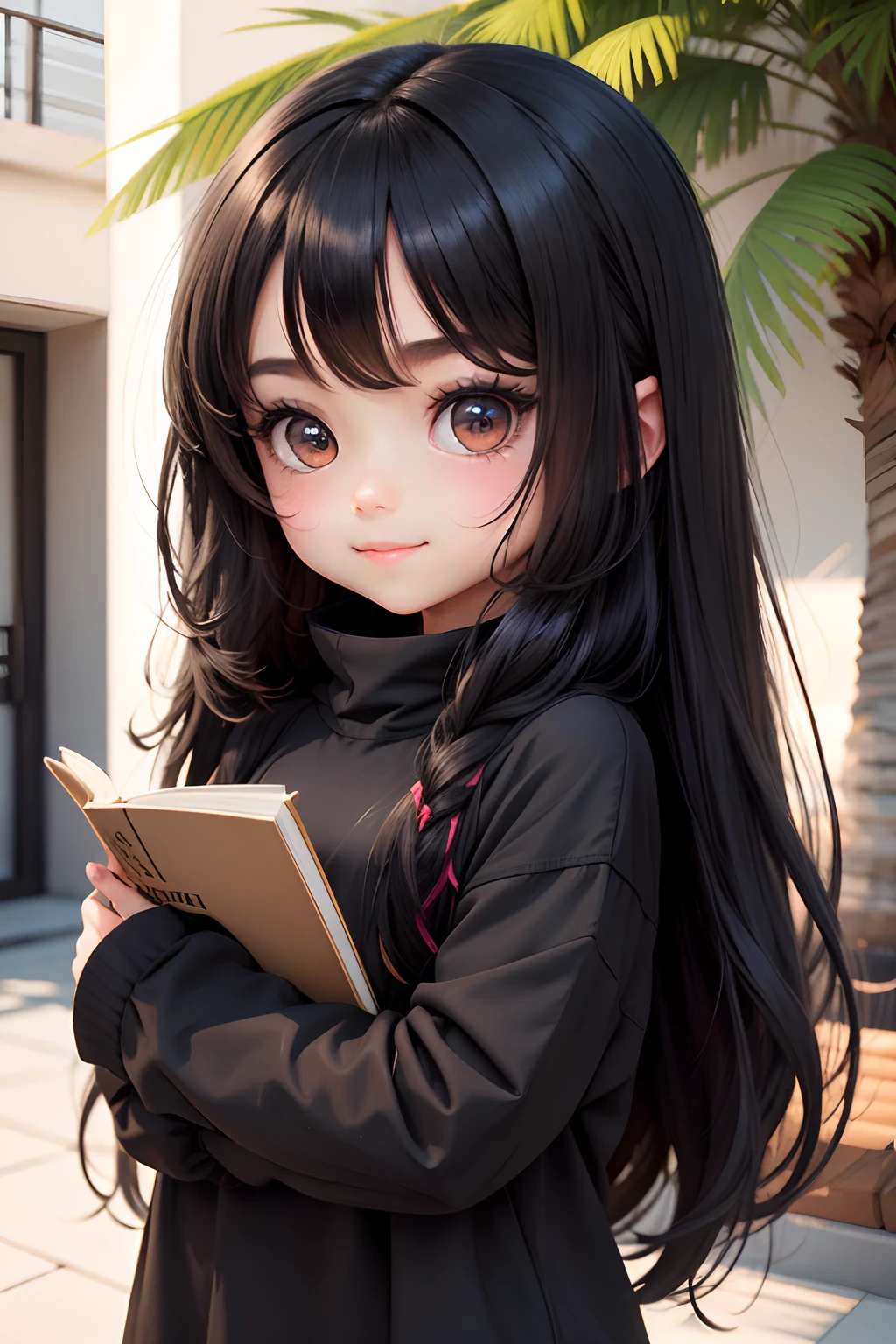 Create a series of cute chibi girl, tanning skin, big dark eyes, black long hair, holding a book in their hands. Black clothes, smile mouth in your face