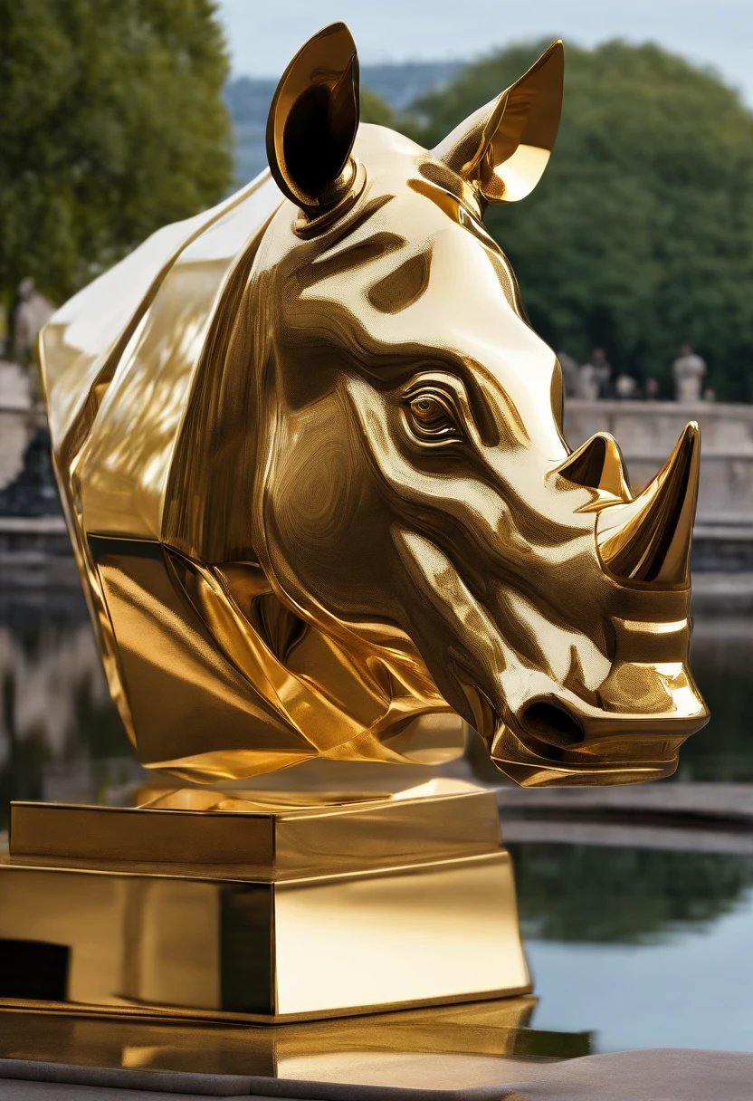 3d, Geometric art, geometric abstraction, computer art, concept art: statue of a rhinoceros made of golden stainless steel with mirror shine, with reflections, next to a lake, in a city square, intricate details, extremely high contract, image Sharp, 8k resolution, in the style of Anish Kapoor