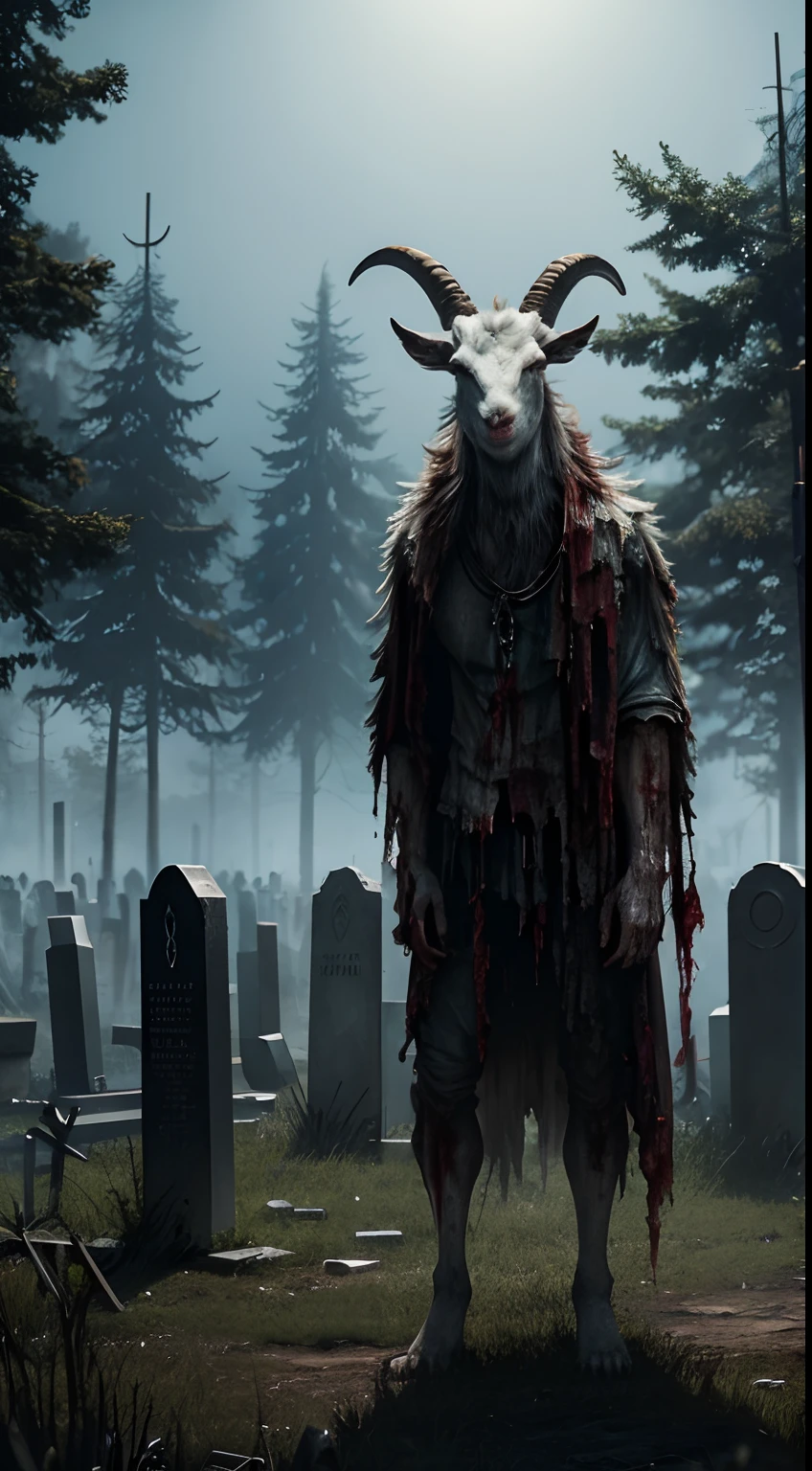 zombie, christian grave yard, howling, creepy, bloody, goat detail, human body, full body, Animal Anthropomorphism, realistic digital, humanoid, abstract background, global illumination, intricate, epic, dramatic, masterpiece, high detail, best quality, ultra high res