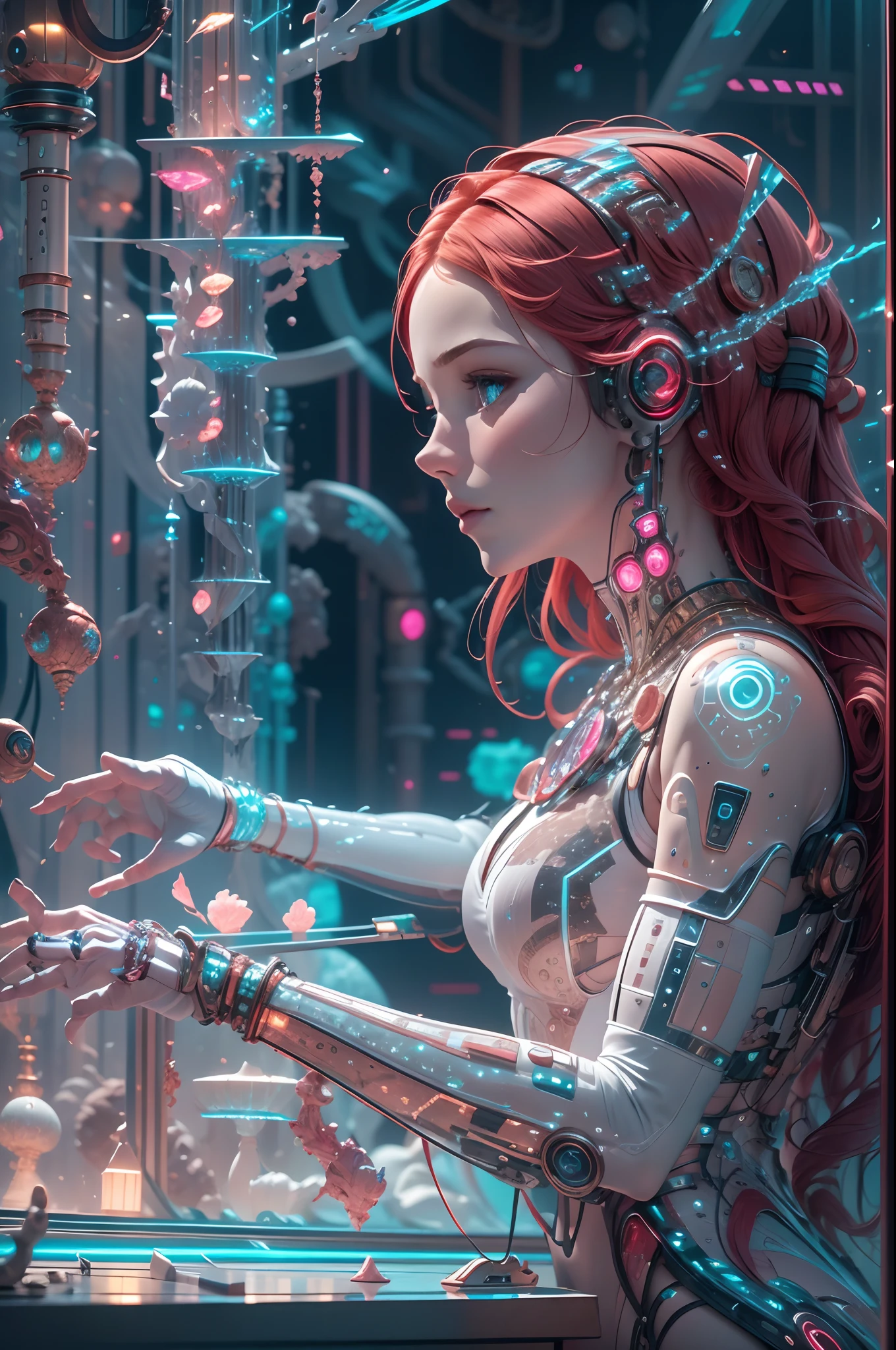 highly detailed image of a biomechanical girl with a beautiful face, crimson hair. Her transparent glass and white porcelain skin reveals a network of intricate metals that form a stunning skeletal structure, catching the soft bioluminescent pink glow from beneath. Inside the futuristic lab room, complex electronic circuits, chips, and system-on-a-chip (SoC) components pulse with light, creating a symphony of high-tech wonder