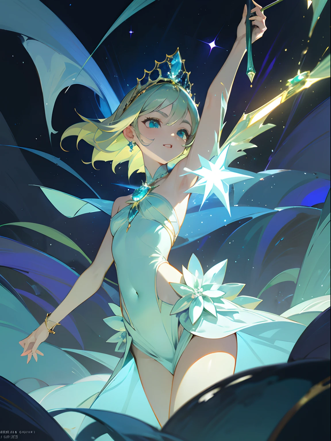 ​masterpiece,top-quality,Fantasia,Blue space with shining stars,ice cave,Girl Who Uses Magic,(Petite blonde girl),small tits,Green eyes,(Luxury silver tiara with blue gemstones,Navel Ejection、Gorgeous sexy white dress girl,Blue Gemstone Brooch,Gold decoration),White and blue high heels,Left foot white tights、Right foot blue socks,Have a gorgeous long wand of blue jewels,confident facial expression,Green magic square glows on the ground,Purple mist,Pieces of green light flying,full body seen,Low-angle