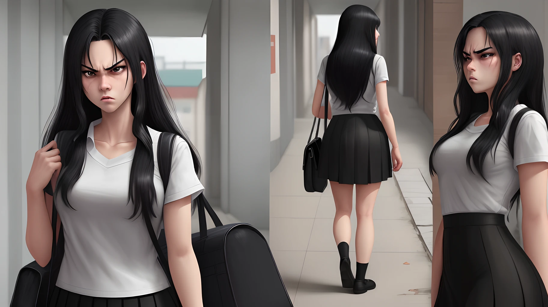 At school, a girl, frontal, long black hair, black short skirt, bag, angry, abusive, super detailed, 4k