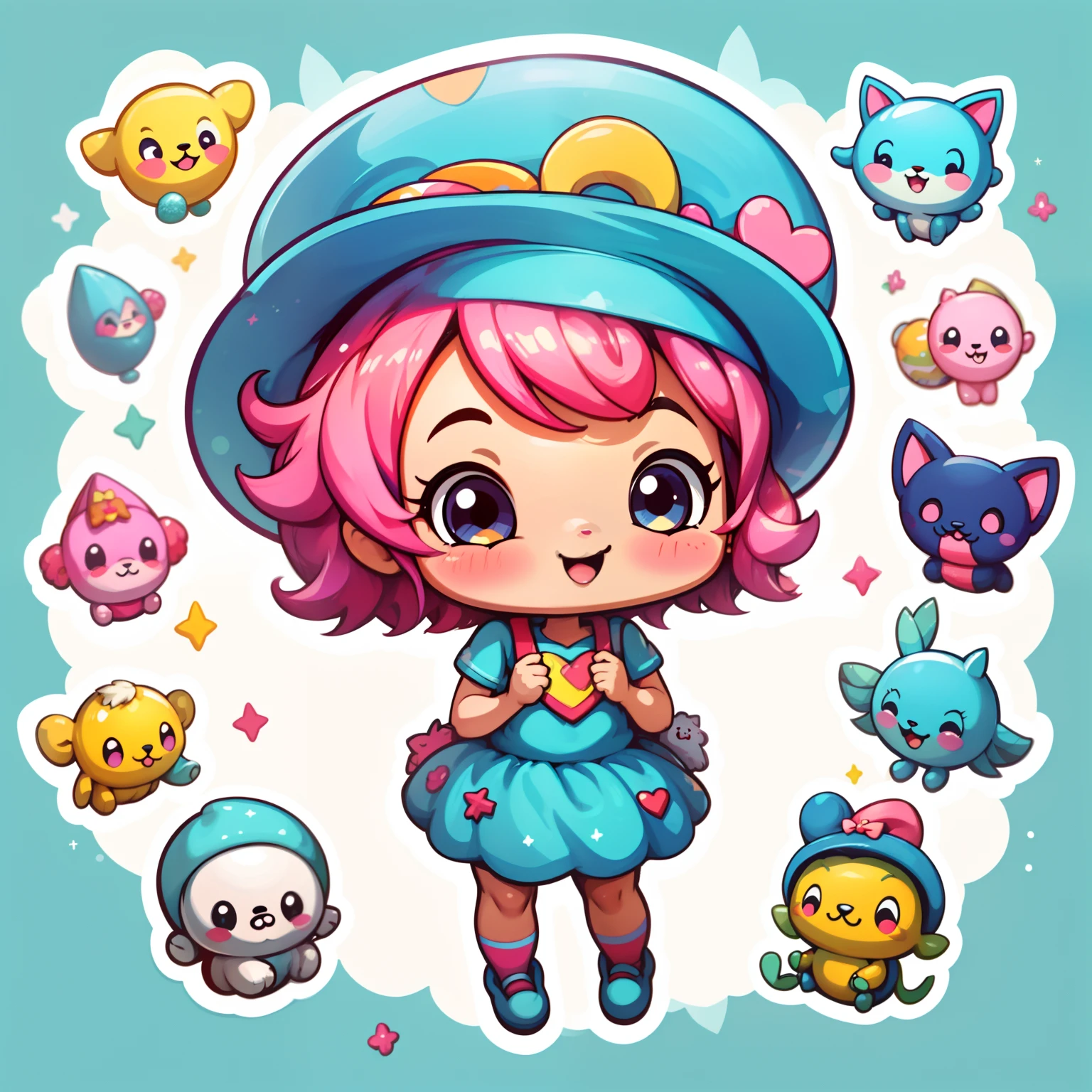 um adesivo,1 cinta,adolable,kawaii,adolable,fundo simples chibi,Use um vestido bonito,with a hat, super heroina, fofa