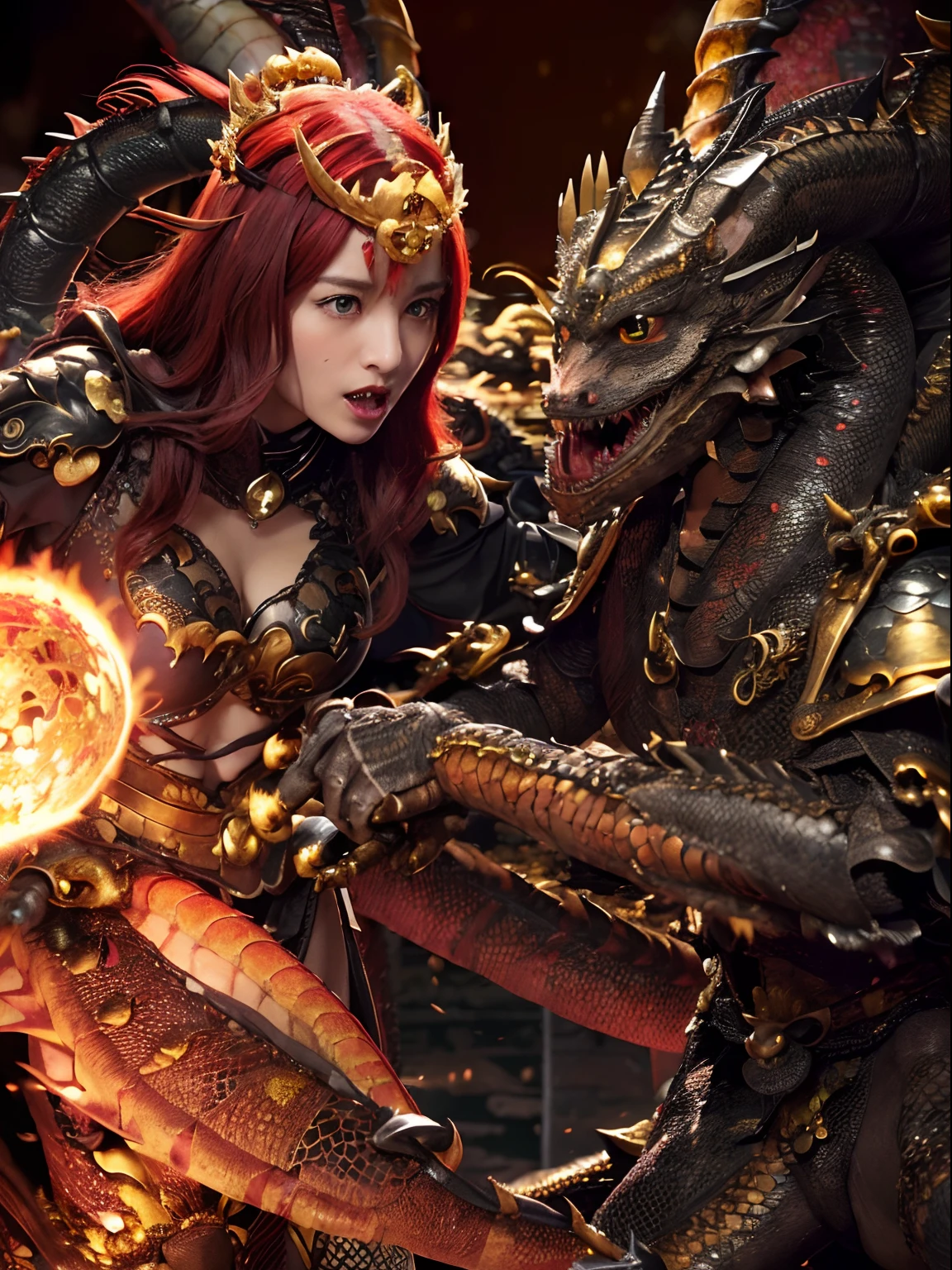 (The Ultimate Beauty Face), Professional , masterpiece、top-quality、photos realistic , depth of fields (Gemstone Black Metal Body:1.4),(Matte Black、(cleavage of the breast)、Dragon Gold Weapon,Mystical expression、Particles of light、((((Fight dragons)))、(Dragon Metal Body:1.4),Gorgeous Silver Weapons ,(( Dragon's dense and gorgeous sword)) , Beautiful knife ,warhammer 40k , adepta sororitas,Detail and gorgeous crown、((Red hair))、(Castle background)、、((Gangle's forest background))、Beautiful Caucasian beauty、1a person、dynamic ungle,(((Detailed and ornate Black Devil Crown)))、Smaller head、A smile、Castle background、Thin and beautiful female hands、cleavage of the breast、Soldier in iron armor on background、Mystical expression、Light Effects、intense fighting、Wind-effect、magic circles、With the legendary magic wand、(demonic wings)、