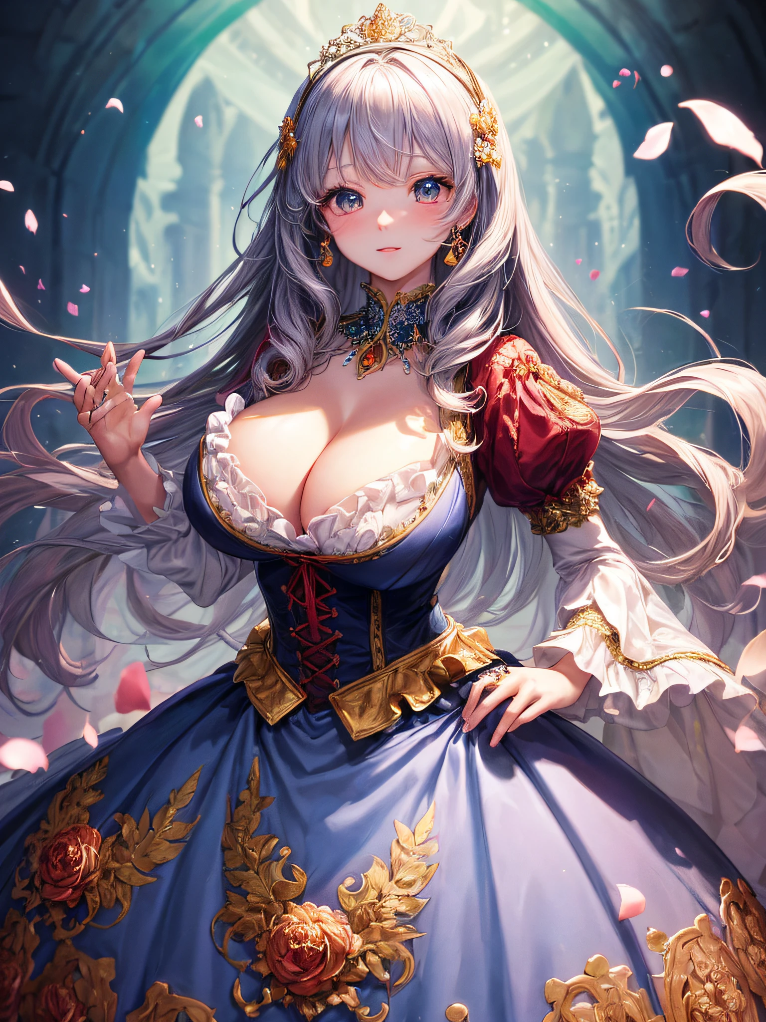 (masterpiece, best quality,extremely detailed:1.1),(moe anime art style:1.2),1girl,((full body,focus face)),((solo)), cute, kawaii,digital art,((1 gorgeous anime princess wearing beautiful embroidery and jeweled ruffled gorgeous princess rococo ballgown with voluminous full length hoop skirt)),((crinoline)),long train,voluminous frills,(gorgeous embroidery and beautiful lace),((very gigantic boobs,skindentation)),cleavage,shiny hair,(((very long hair,large amount of straight hair))),((finely detailed face and eyes)),clear pupil,extremely gorgeousfull hair ornament,(bling-bling jeweled extremely gorgeousfull tiara),(bling-bling gorgeous gemstone jewelry),long veil,beautiful background,fantasy background,flowers,flower petals flowing,full body,((beautiful embroidery and jeweled ruffled gorgeous princess rococo ballgown with voluminous full length hoop skirt))