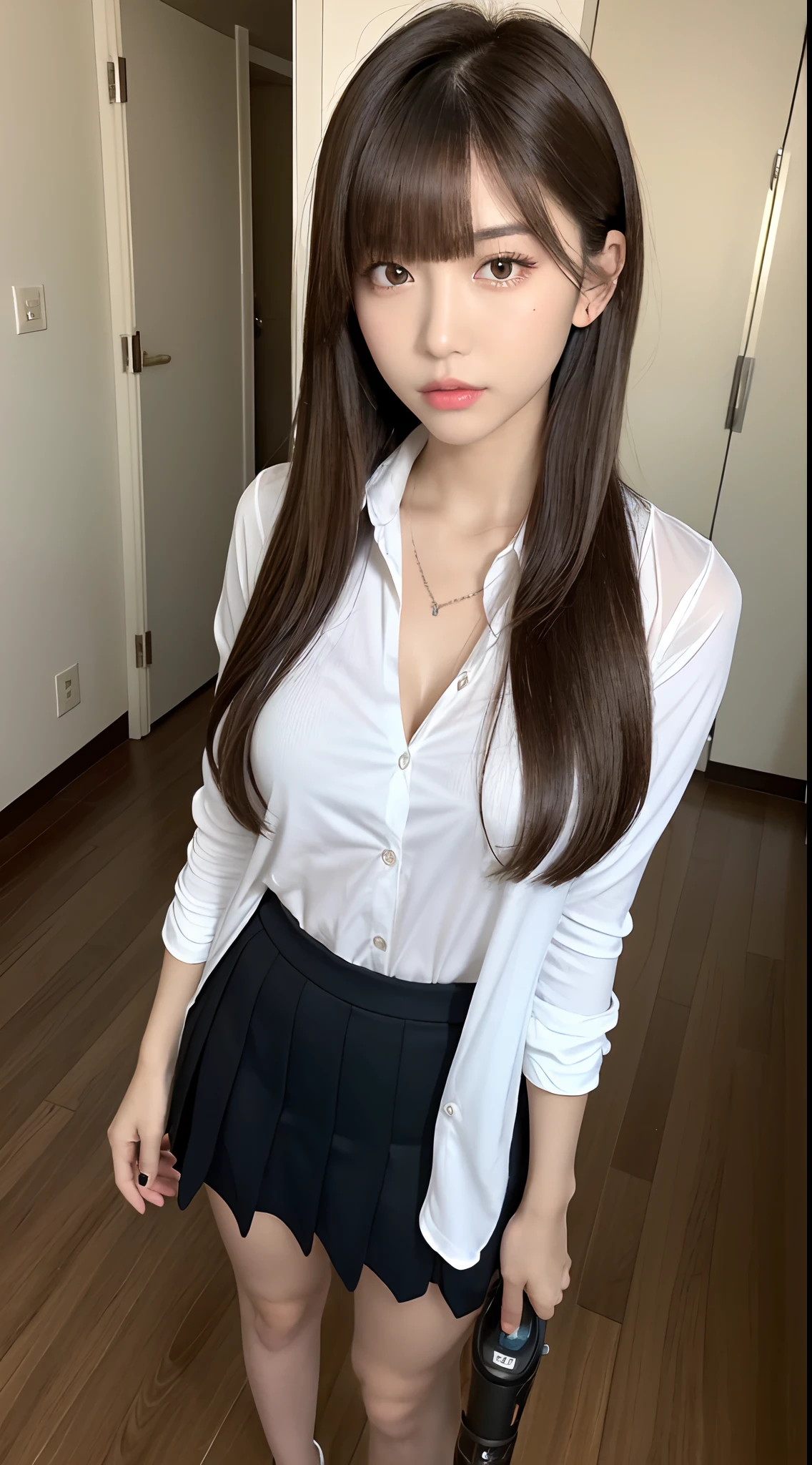 (best quality,8K resolution, masterpiece:1.3), a girl with cute ite breasts, light brown hair, blunt bangs, hair behind the ears, hair down to the shoulders, revealing long hair, slender figure, extremely detailed facial features, delicate lips, beautiful eyes, double eyelids, lipstick, blush, black pupils, perfect and radiant skin, flawless complexion, fair skin, glistening with sweat, inviting your gaze, chest, ultra-fine fingers, slender hands, a shirt with a collar, tight skirt, beautiful legs, a bicycle pump. School campus.