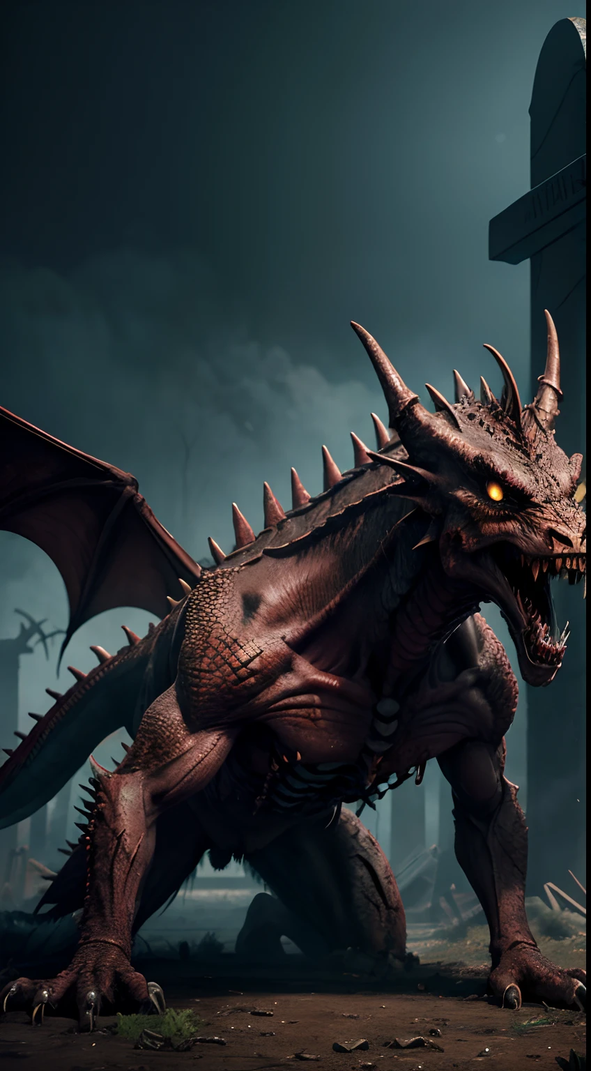 zombie, christian grave yard, howling, crawling, bloody, dragon detail, human body, full body, Animal Anthropomorphism, realistic digital, humanoid, abstract background, global illumination, intricate, epic, dramatic, masterpiece, high detail, best quality, ultra high res