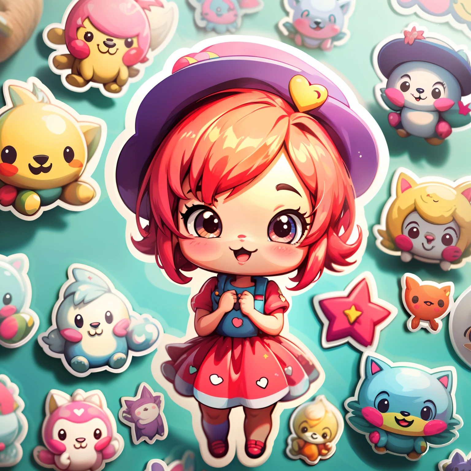 um adesivo，1 cinta，adolable，kawaii，adolable，fundo simples chibi，Use um vestido bonito，with a hat, super heroina, fofa