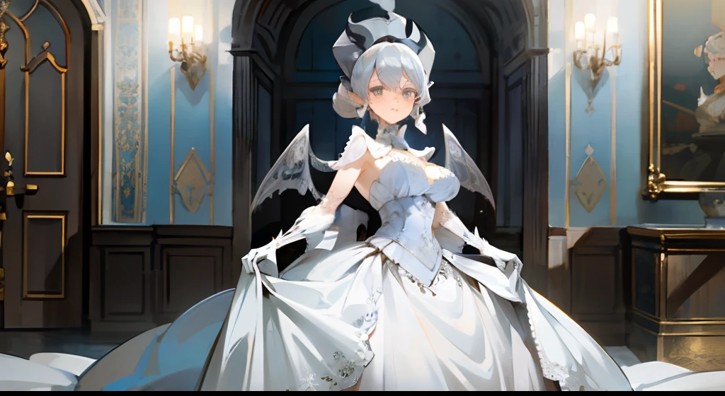 (Masterpiece),(Best quality),Extremely Delicately Beautiful, Mature female, A MILF, Narrow waist,illustration,Silver Hair Long,Silver eyes,dress,steams,steamed body,Lace-trimmed dress,Lace-trimmed gloves, Silver Magic Horn,Silver Devil's Wings,Royal silver background