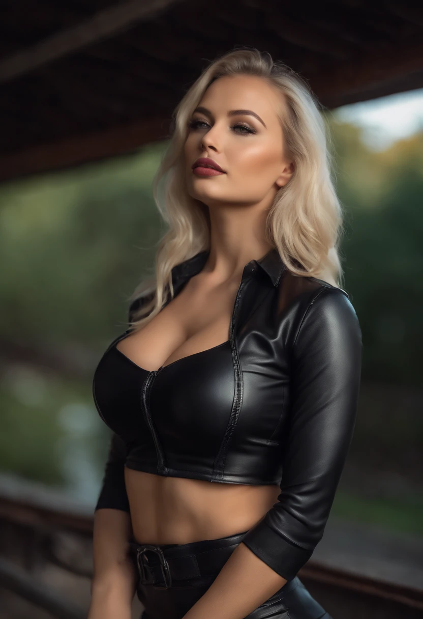 professional, (4k photo:1.1) by (Jeremy Lipking:0.3), (Dittmann Anna:0.3), (Arian Mark:0.3), (Sharp focus:1.3), high detail, wearing (lowcut shirt:1.2), beautiful detailed face, hazel eyes, long blonde hair, (attractive young woman:1.3), (seductive:1.1), (blushing:1.1), hourglass body shape, large round big breasts, wide thicc hips, blonde goddess, tight outfit, tight attire, smiling seductively, pretty face, perfect white haired girl, satisfied pose, cute seductive smile, beautiful blonde girl, good young girl, beautiful angle, attractive pose, cute girl, sexy pose, a gorgeous blonde, full body picture, full body, full body shoot, blond woman in black leather skirt taking a selfie in mirror, wearing black latex outfit, very sexy outfit, sexy outfit, leather top, sexy look, sexy style, black leather bra, black outfit, dressed in black leather, chrome outfit, inspired by Hedi Xandt, leather clothes, abby dowse, wearing a full leather outfit, black latex