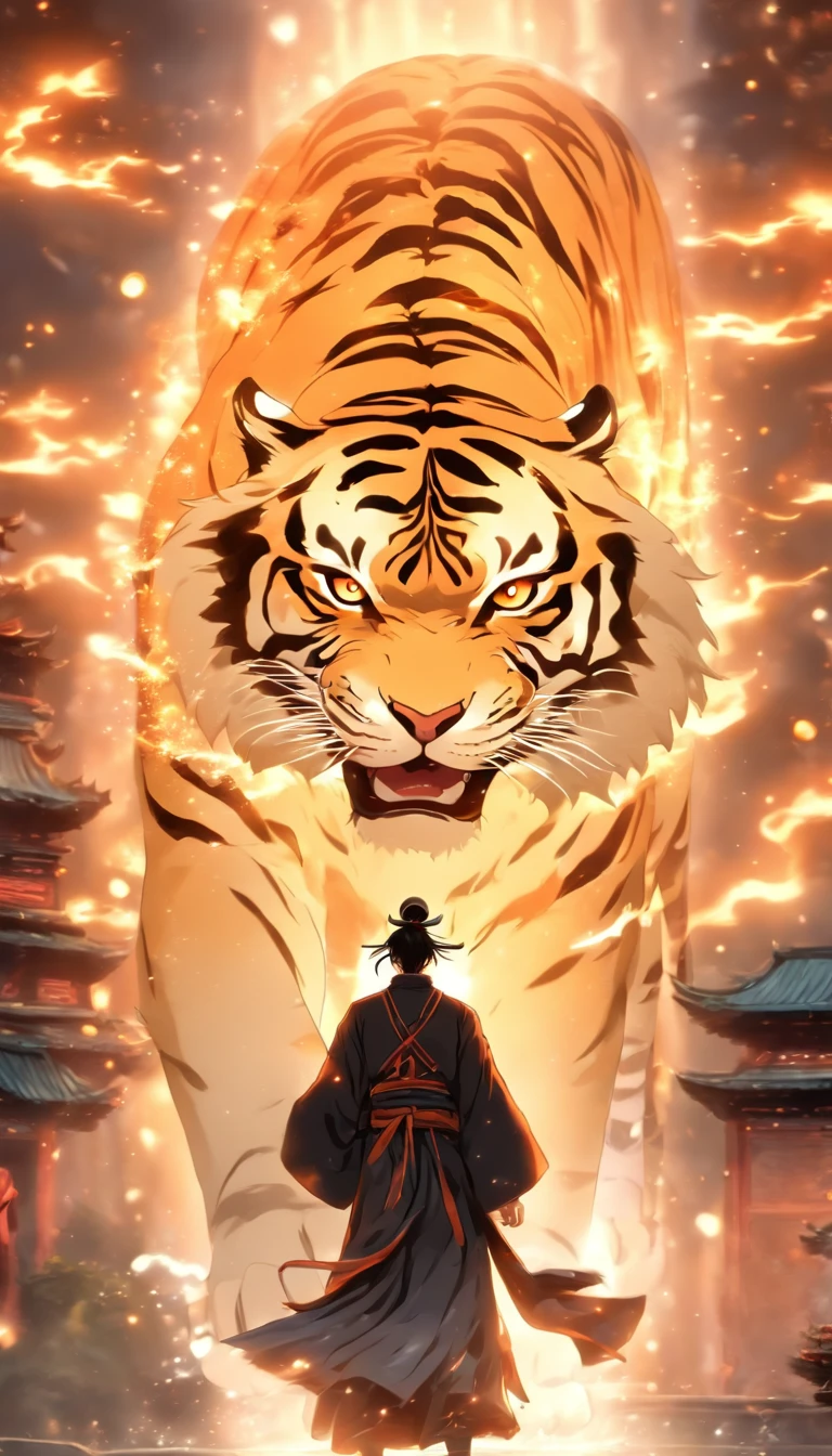 China-style,中景 the scene is,The Taoist priest stood in front of the huge transparent white tiger,Stretch your hands,Long messy hair,Glow effects,Hyper-realistic,Ultra photo realsisim,Chinese black and white ink style,Silver,Decolorization,Smudge,ink,8K,super-fine,high qulity,OC renderer