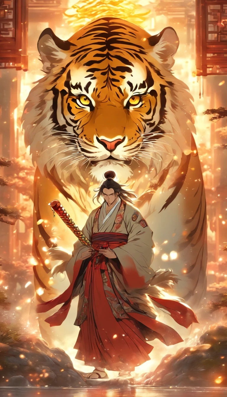 China-style,中景 the scene is,The Taoist priest stood in front of the huge transparent white tiger,Stretch your hands,Long messy hair,Glow effects,Hyper-realistic,Ultra photo realsisim,Chinese black and white ink style,Silver,Decolorization,Smudge,ink,8K,super-fine,high qulity,OC renderer