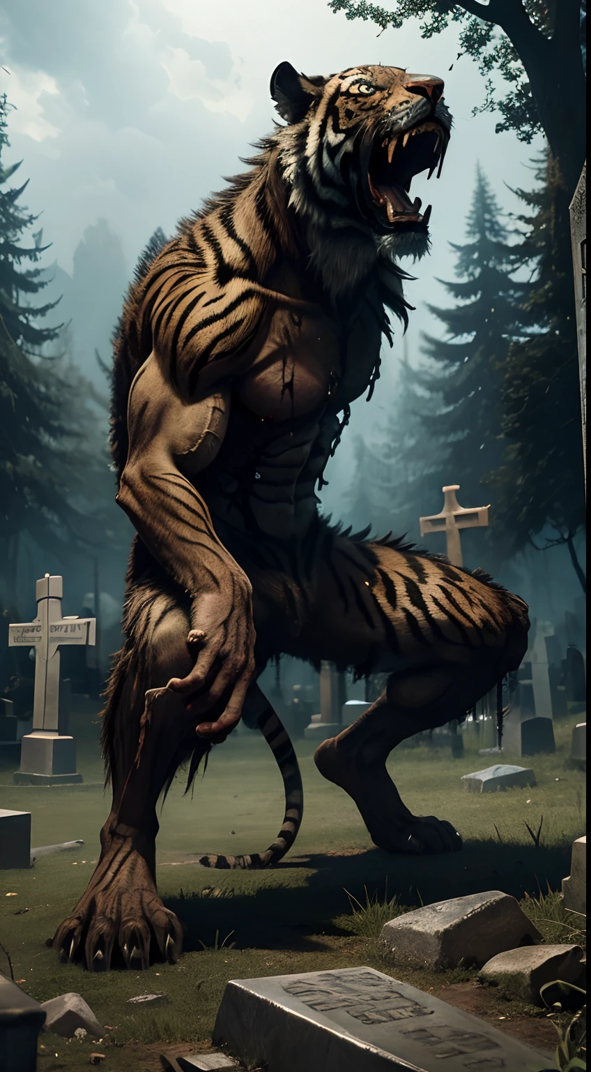 zombie, christian grave yard, howling, crawling, bloody, tiger detail, human body, full body, Animal Anthropomorphism, realistic digital, humanoid, abstract background, global illumination, intricate, epic, dramatic, masterpiece, high detail, best quality, ultra high res