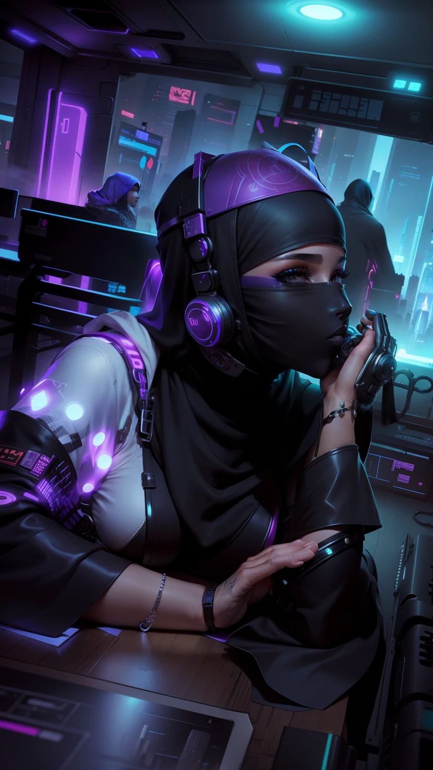Change background cyberpunk gorgeous Muslim girl