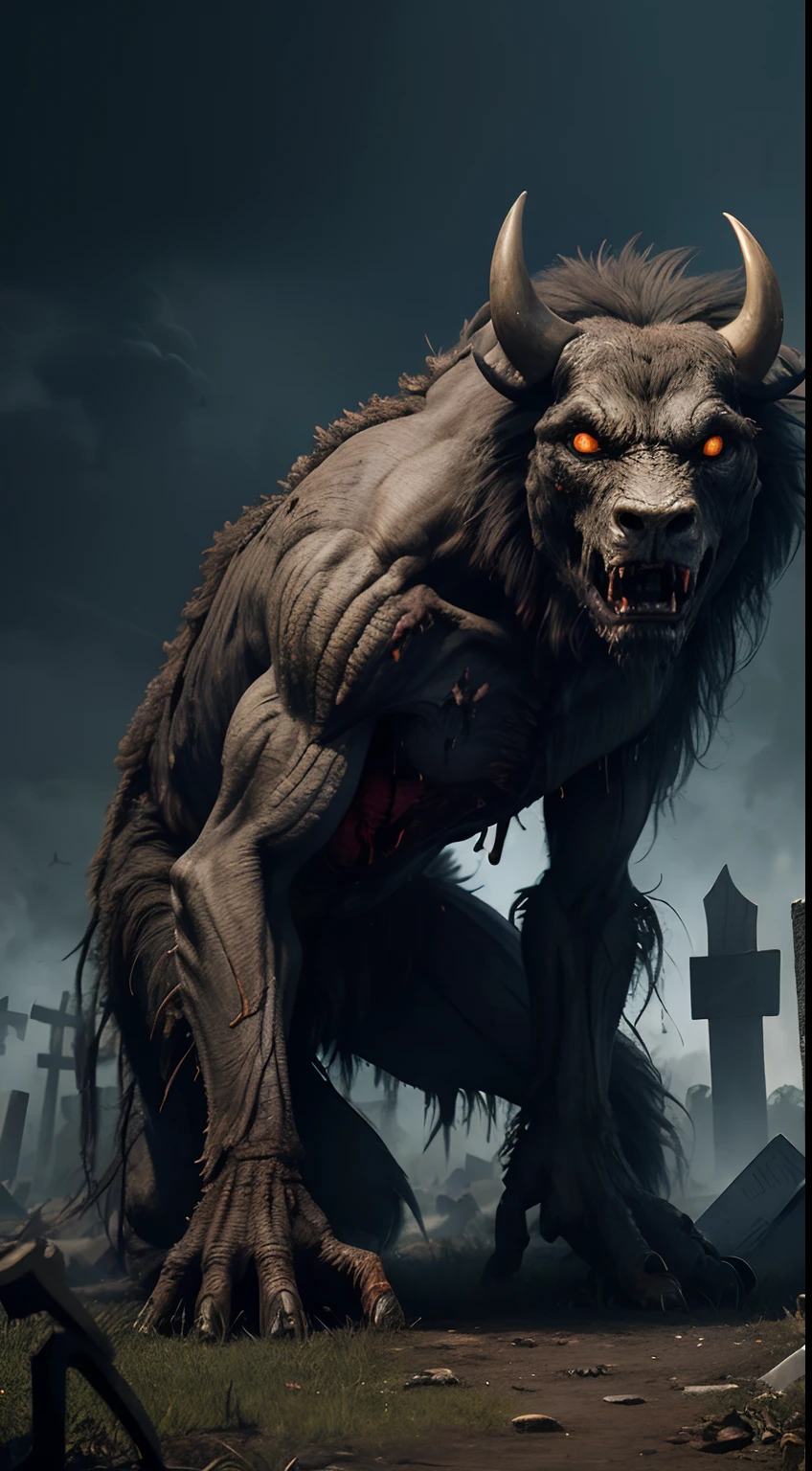 zombie, christian grave yard, howling, crawling, bloody, buffalo detail, human body, full body, Animal Anthropomorphism, realistic digital, humanoid, abstract background, global illumination, intricate, epic, dramatic, masterpiece, high detail, best quality, ultra high res