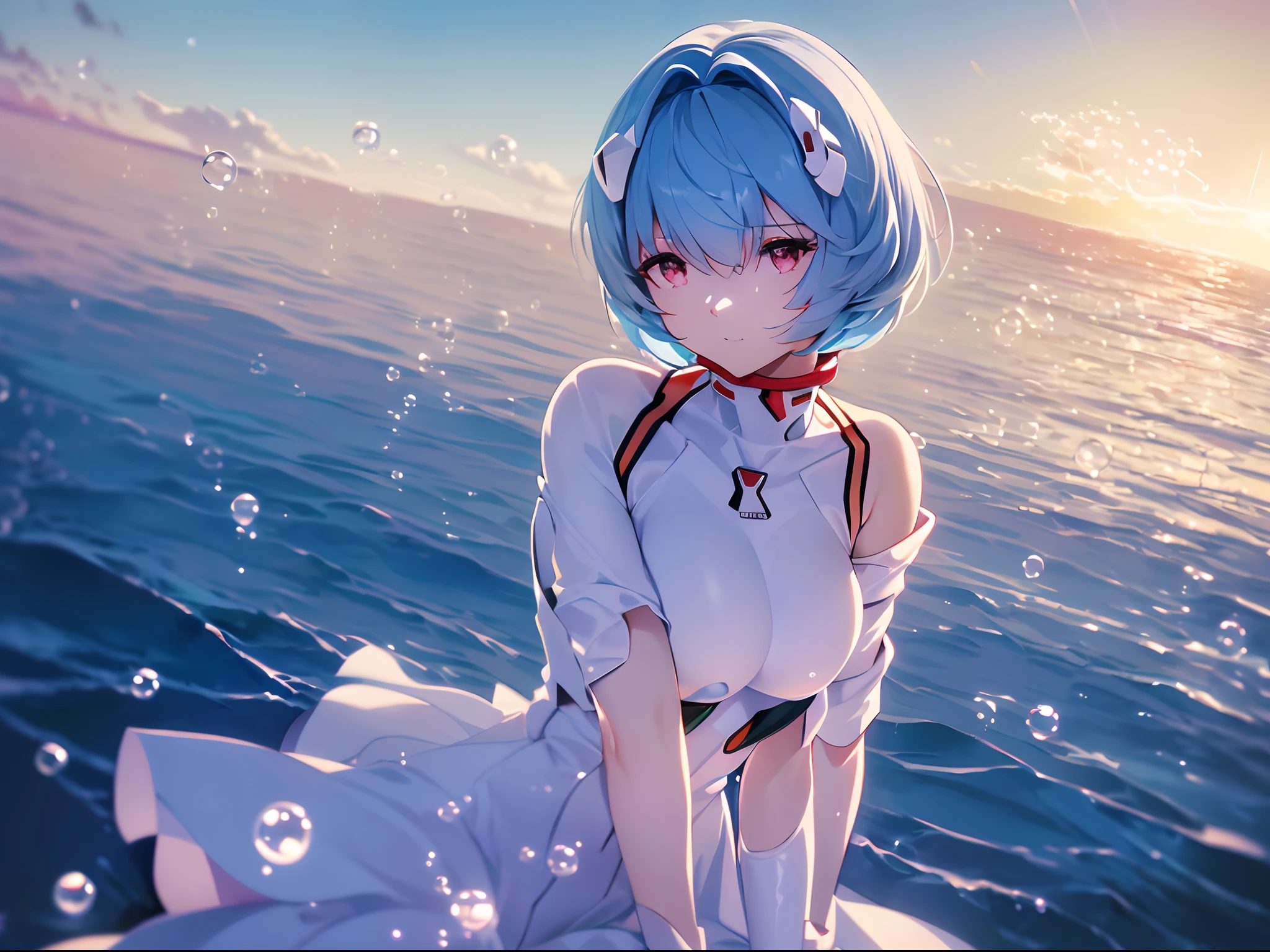 (((ayanami rei))),((((BREAK,Design an image with a fisheye lens effect, capturing a wide field of view with a distinctive, curved perspective.BREAK,)))1girl,solo,(masterpiece,best quality, official art,aim to viewers, beautiful and aesthetic:1.3),((ultra high res,golden ratio,)) (4k),((seen from below,sunset,in the ocean)),((((bubbles,))))dynamic lighting, cinematic lighting,(fantasy,dreamy,photon mapping, radiosity, physically-based rendering,automatic white balance), technological sense,Amazing,sharp focus,rich background, (((high detailed skin,)))dynamic lighting,intricate detailed outfit,glowing eyes,watery eyes,((short hair,))deadpan,skiny,slender,white plugsuit,headgear,(masterpiece sidelighting),(bishoujo,lustrous),(sky blue hair,pink eyes,）[[delicate fingers and hands:0.55]::0.85],(detail fingers),(((Ultra Photographic Quality,ultra wide angles)))),((incredibly absurdres,photoreality)),full body shot,((extremely_detailed_eyes_and_face)),(disheveled hair),FilmGirl,(dynamic configuration: 1.2),Brilliant,drifting Nebula,ethereal, glossy ,striking contrast,
