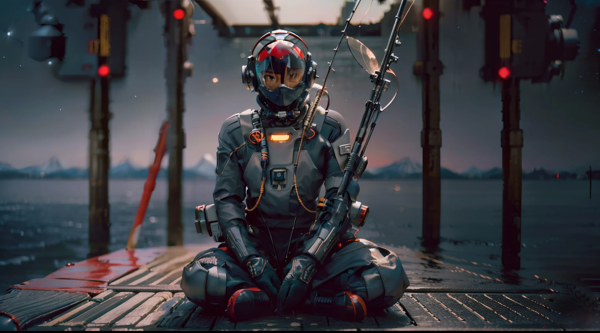 Highly detailed RAW color Photo,, Full Body, of (female space woman,black and red carbon suit, (space helmet), in a pier and holding fishing rod,sitting on a box, outdoors, ,toned body, (sci-fi), (mountains:1.1), (two moons in sky:0.8), (highly detailed, hyperdetailed, intricate), (lens flare:0.7), (bloom:0.7), particle effects, raytracing, cinematic lighting, shallow depth of field, photographed on a Sony a9 II, 50mm wide angle lens, sharp focus, cinematic film irnman INFO
,mecha
