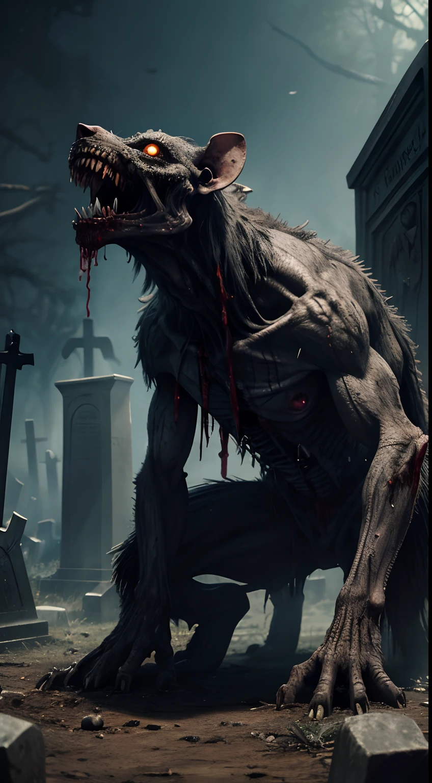 zombie, christian grave yard, howling, crawling, bloody, rat detail, human body, full body, Animal Anthropomorphism, realistic digital, humanoid, abstract background, global illumination, intricate, epic, dramatic, masterpiece, high detail, best quality, ultra high res