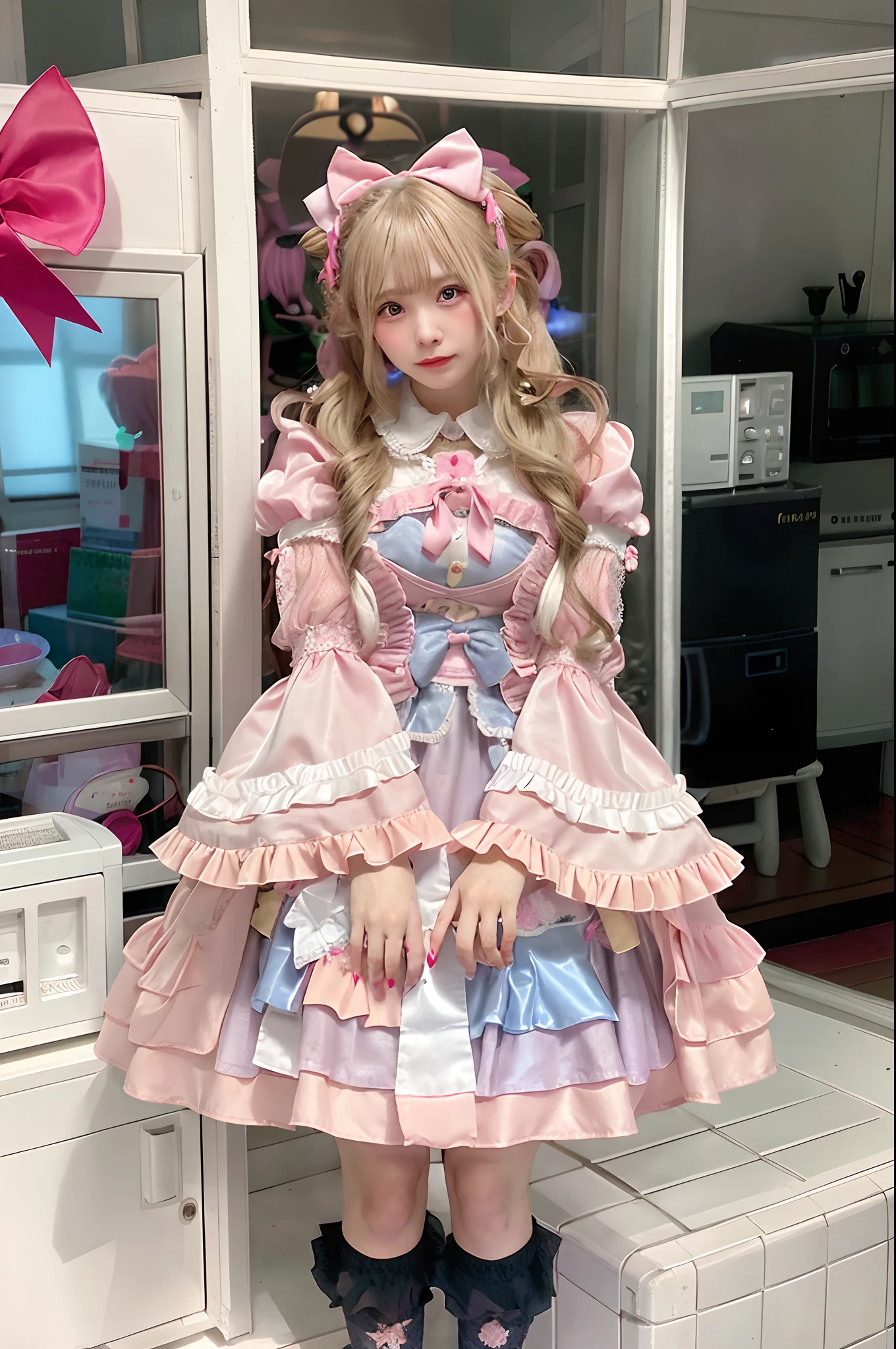 Blonde girl in pink satin dress standing in front of pink fridge, rococo ruffles dress, ****ta style, portrait of the magical ****ta girl, ****ta Fashion, angelic pretty, Belle Delphine, rococo dress, **** in dress, style of magical girl, victorian gothic ****ta fashion, Portrait of radical ****ta girl, Anime Barbie Doll, Anime girl cosplay, Lori