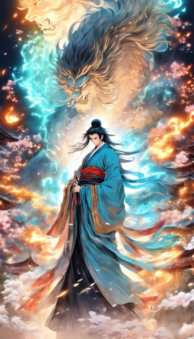 China-style,中景 the scene is,The Taoist priest stood in front of the huge transparent Suzaku,Stretch your hands,Long messy hair,Glow effects,Hyper-realistic,Ultra photo realsisim,Chinese black and white ink style,Silver,Decolorization,Smudge,ink,8K,super-fine,high qulity,OC renderer
