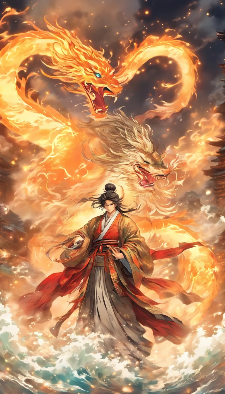 China-style,中景 the scene is,The Taoist priest stood in front of the huge transparent Suzaku,Stretch your hands,Long messy hair,Glow effects,Hyper-realistic,Ultra photo realsisim,Chinese black and white ink style,Silver,Decolorization,Smudge,ink,8K,super-fine,high qulity,OC renderer