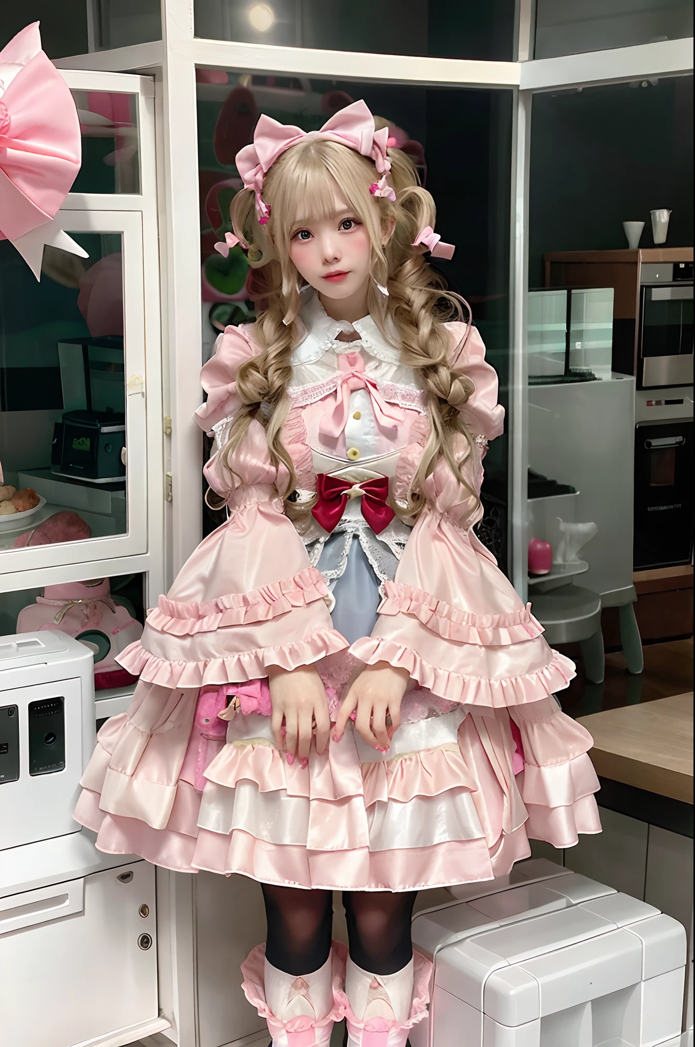 Blonde girl in pink satin dress standing in front of pink fridge, rococo ruffles dress, ta style, portrait of the magical Loliirl, Lolita Fon, angelic pretty, Belle Delphine, rococo dress, loli in drestyle of magical girl, victorian gothic lolita fashion, rait of radical Lolita girl, Anime Be Doll, Anime girl cosplay, Lori