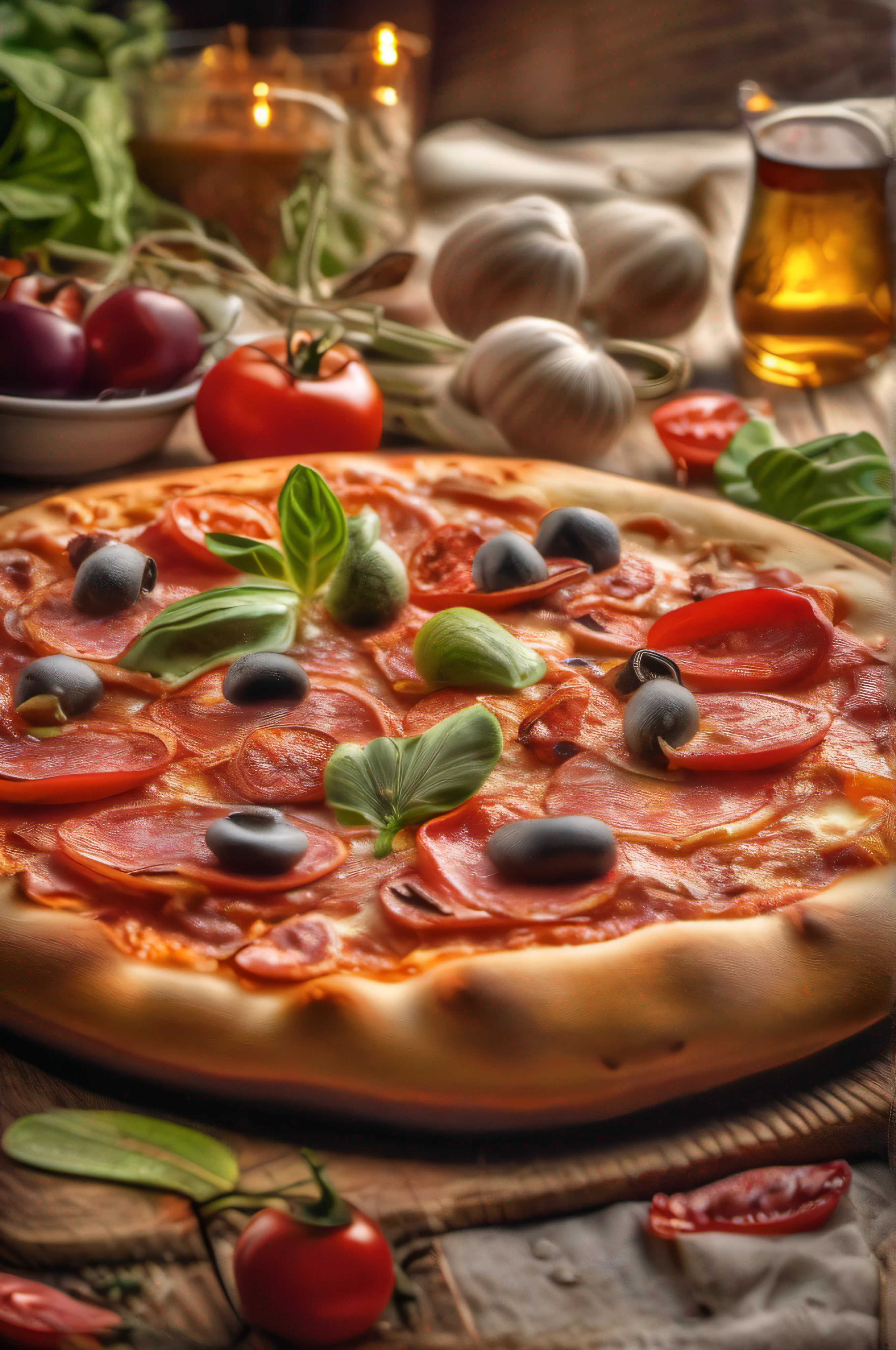 suculenta e deliciosa pizza, textura detalhada, close, HDR, fotorrealista, cinemactic,foto promocional, publicidade, iluminado, Adobe Lightroom