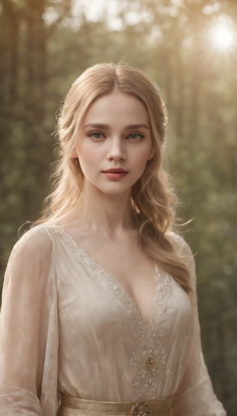 (best quality,4k,8k,highres,masterpiece:1.2),ultra-detailed,(upper body),(realistic,photorealistic,photo-realistic:1.37),long and elegant elf-like ears,fair and porcelain-like skin,gently flowing platinum blonde hair,piercing and enchanting green eyes,feminine and delicate facial features,gently rosy cheeks,slender and graceful figure,wearing an ethereal flowing gown made of silk and lace,Mediterranean garden with blooming flowers,soft and warm sunlight illuminating the scene,vibrant and lush greenery surrounding the garden,refreshing fragrance of the flowers filling the air,crystal-clear pond reflecting the beauty of the garden,peaceful and serene atmosphere,subtle and harmonious color palette with pastel tones,soft and dreamlike lighting creating a magical ambiance.